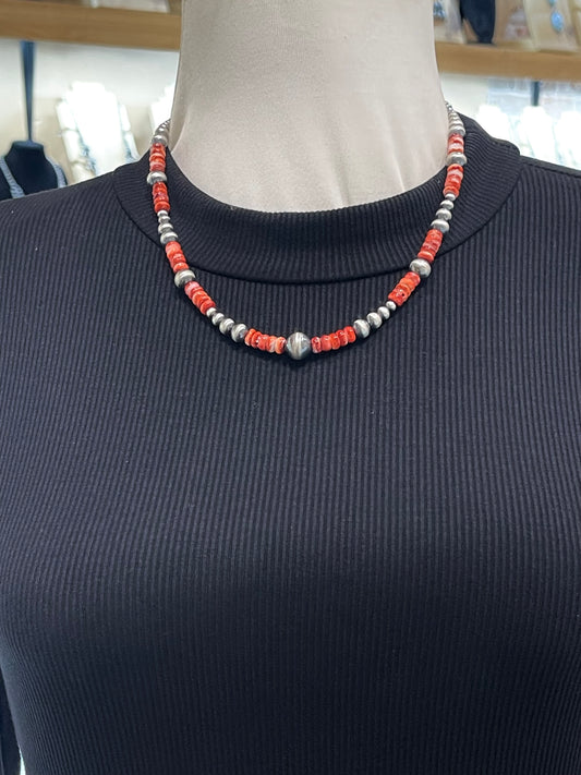 19" Red Spiny Oyster & Navajo Style Pearl Necklace