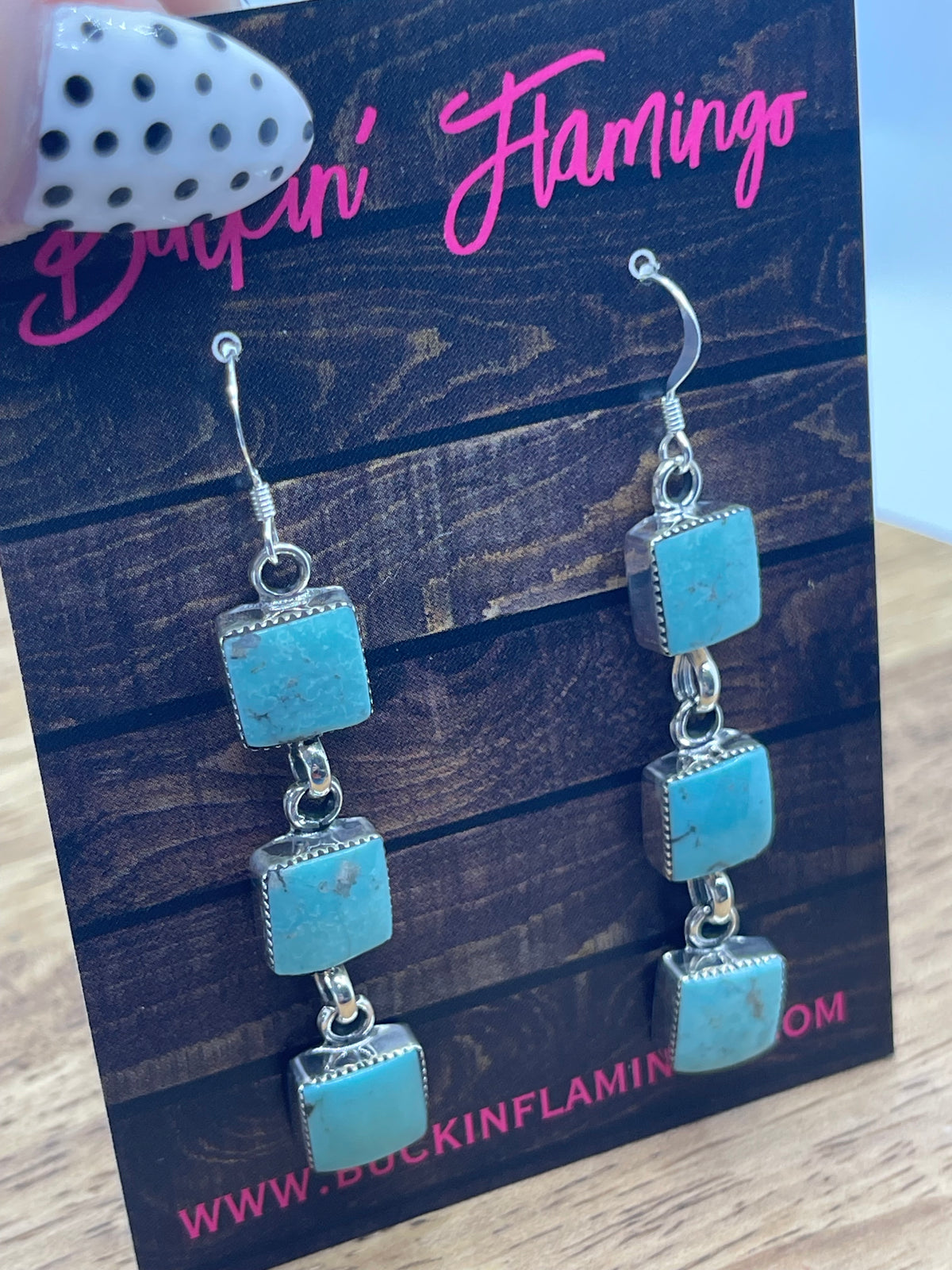 LOT 65 10/18 3 Square Turquoise Stones Dangle Earrings by Marie Bahe, Navajo