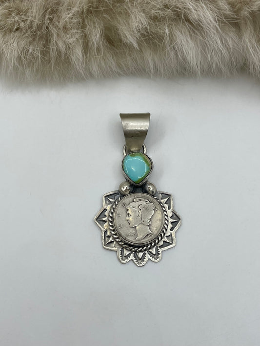 1920 Silver Mercury Dime with Sonoran Gold Turquoise by Harold Joe, Navajo