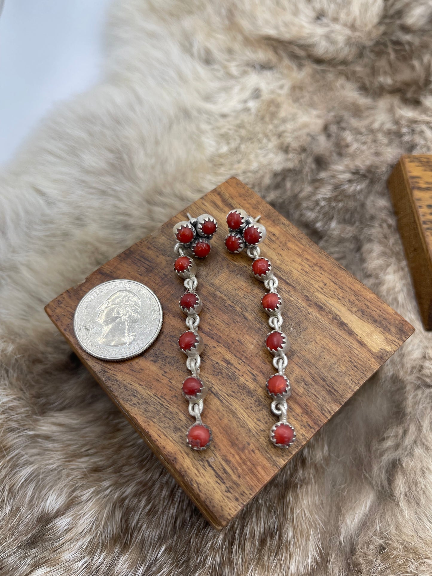 Red Coral Cluster Long Dangle Earrings