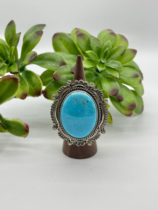 9.5 Oval Kingman Turquoise Ring By Harold Joe, Navajo