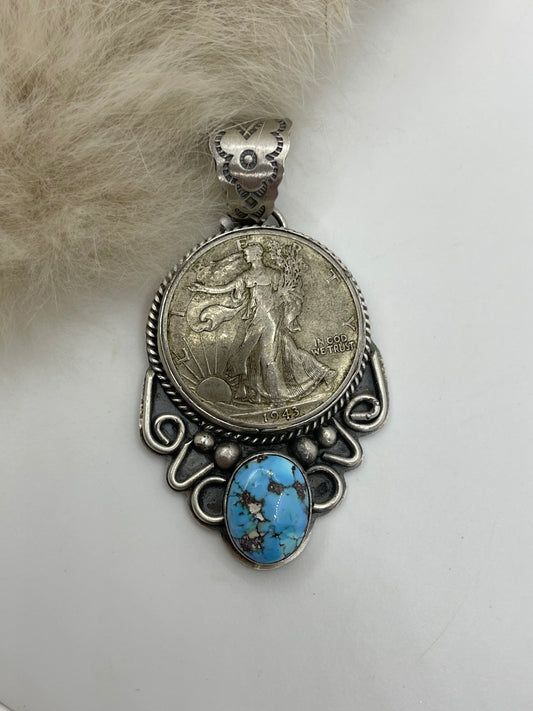 10.5mm Bail 1943 Golden Hills Half Dollar Pendant By Boyd Ashley, Navajo