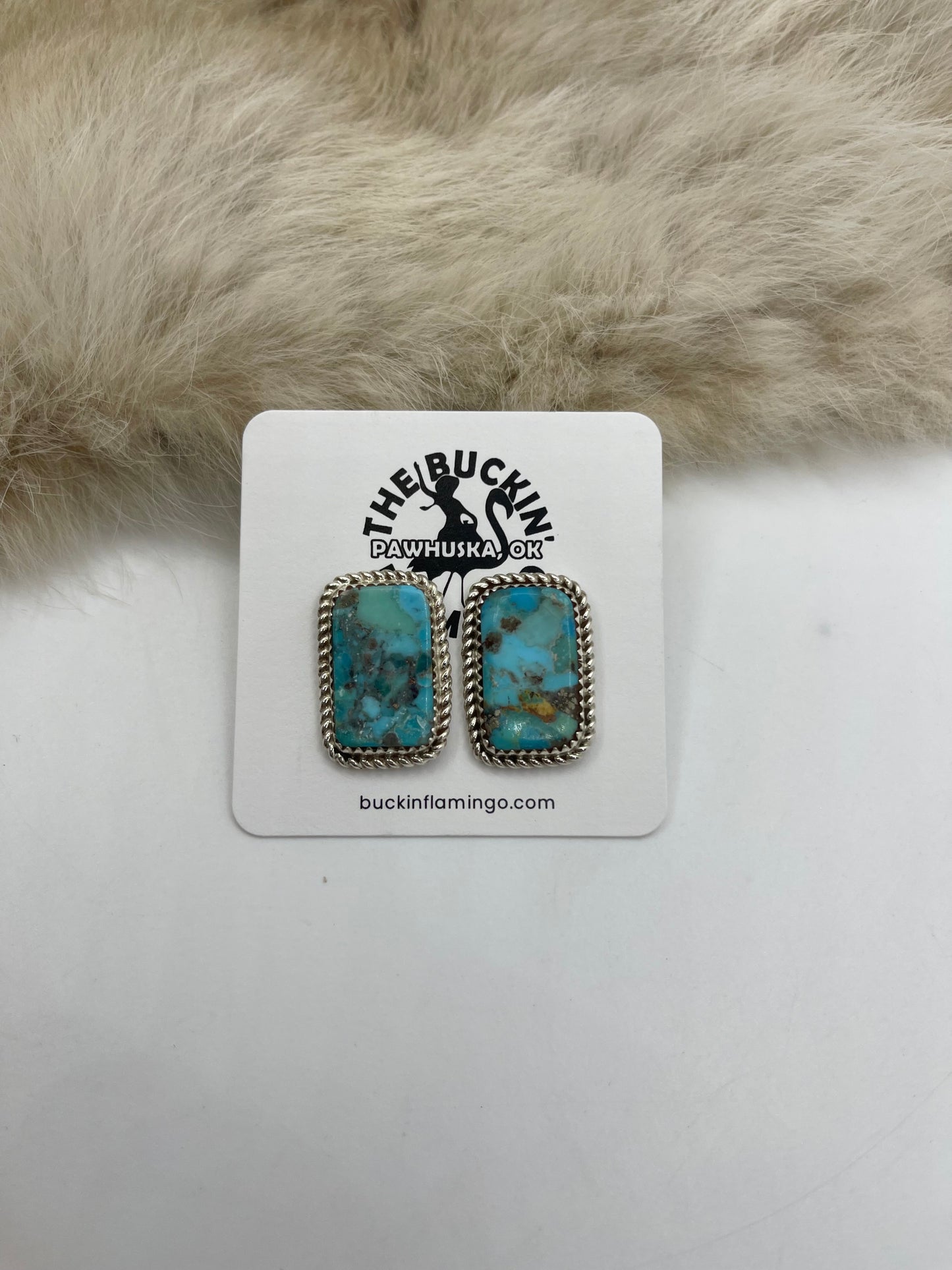 Rectangle Turquoise Post with Rope Border Earrings by Larry Etsitty, Navajo