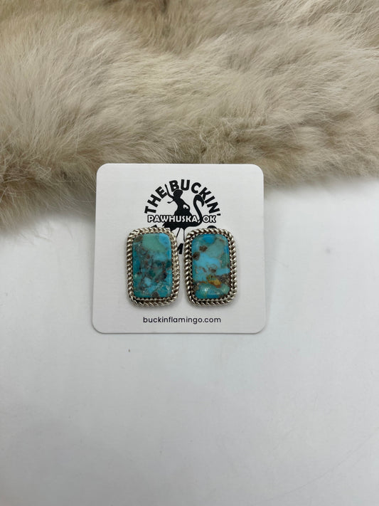 Rectangle Turquoise Post with Rope Border Earrings by Larry Etsitty, Navajo