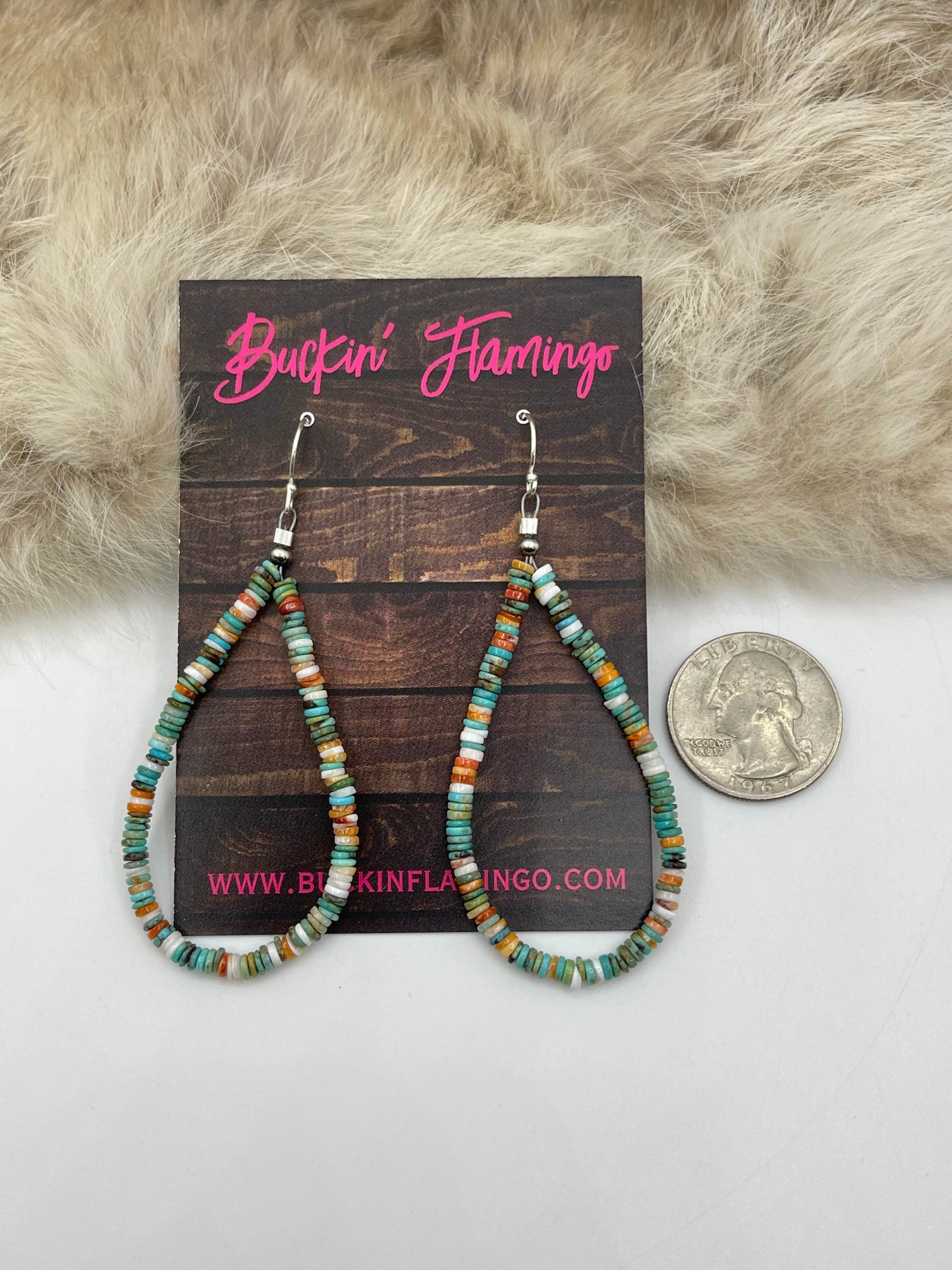 3.5mm “Orange Crush” Turquoise & Orange Spiny Oyster Heishi Bead Teardrop Earrings