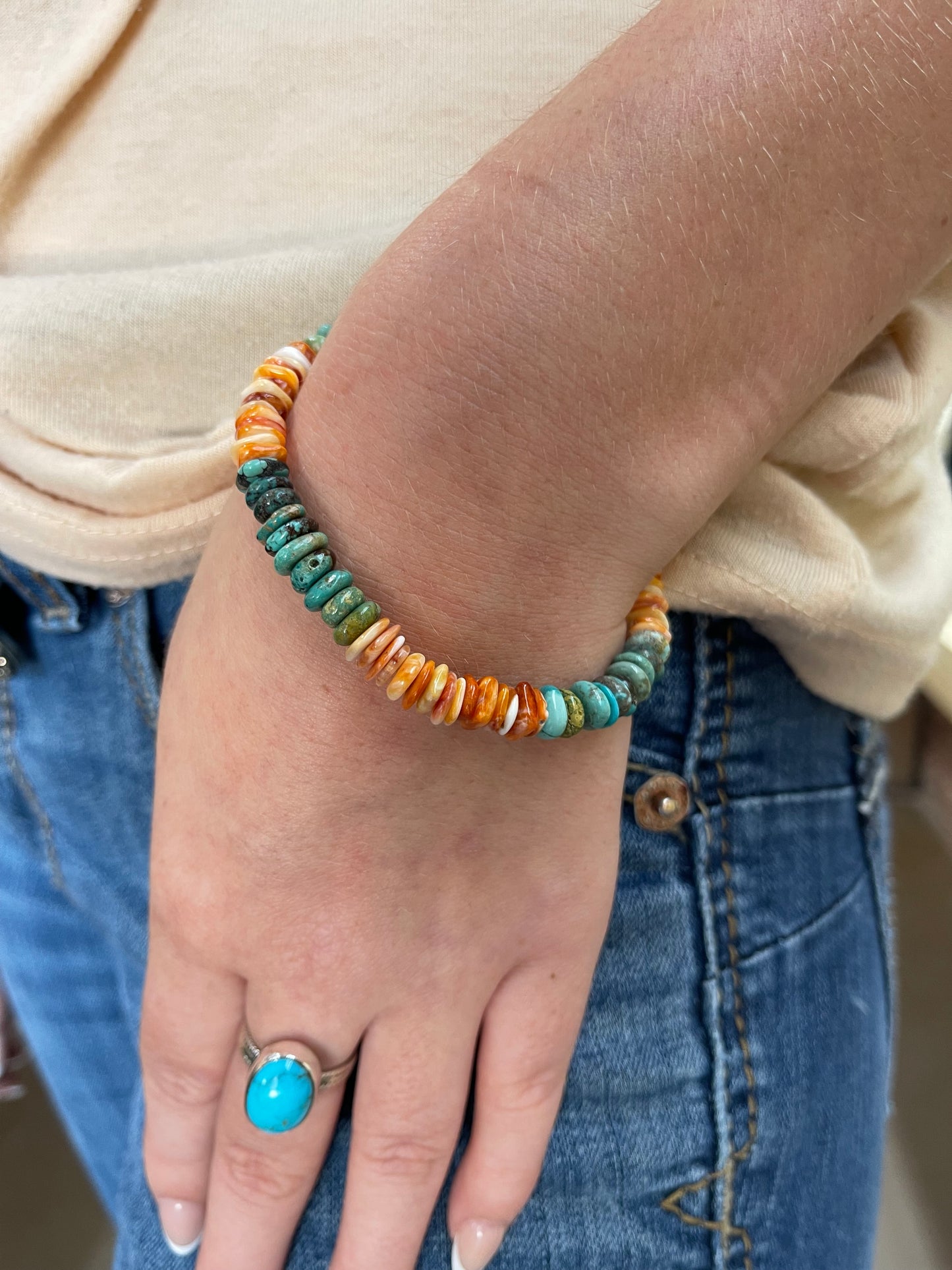 7 1/2" Turquoise and Orange Spiny Oyster Shell Bracelet