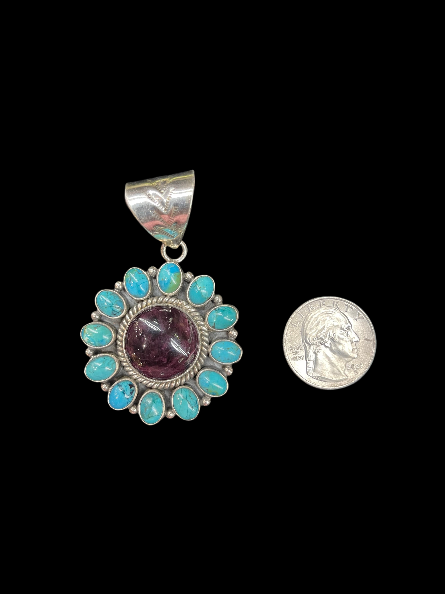 Purple Spiny Oyster Shell and Kingman Turquoise Pendant by Zia