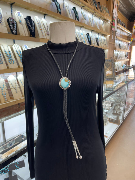 High Grade Kingman Turquoise Bolo by Joelias Draper, Navajo