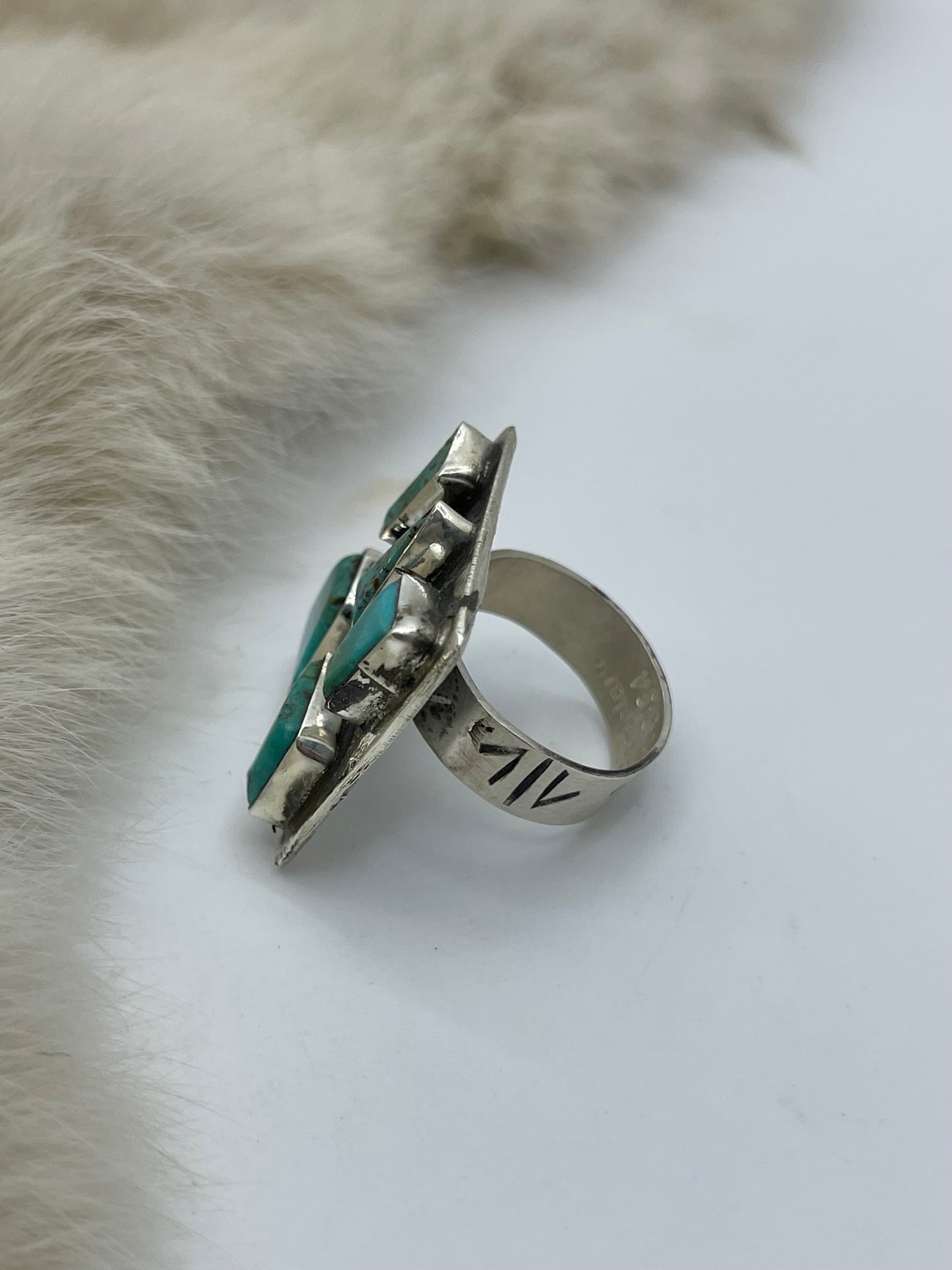 7.5 5 Stone Square Ring by Jude Candelaria, Zuni