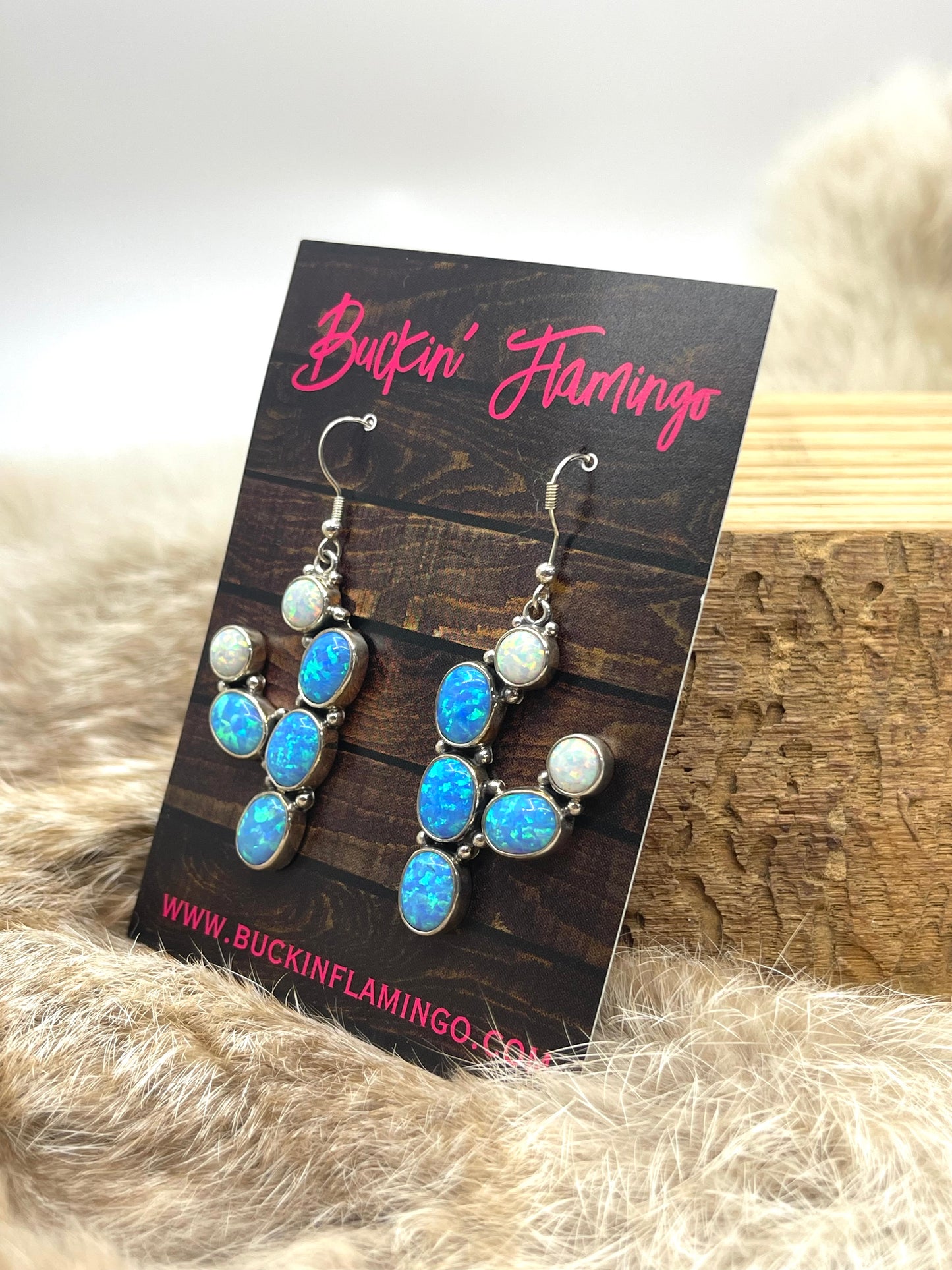 Blue & White Opal Prickly Pear Cactus Hook Earrings