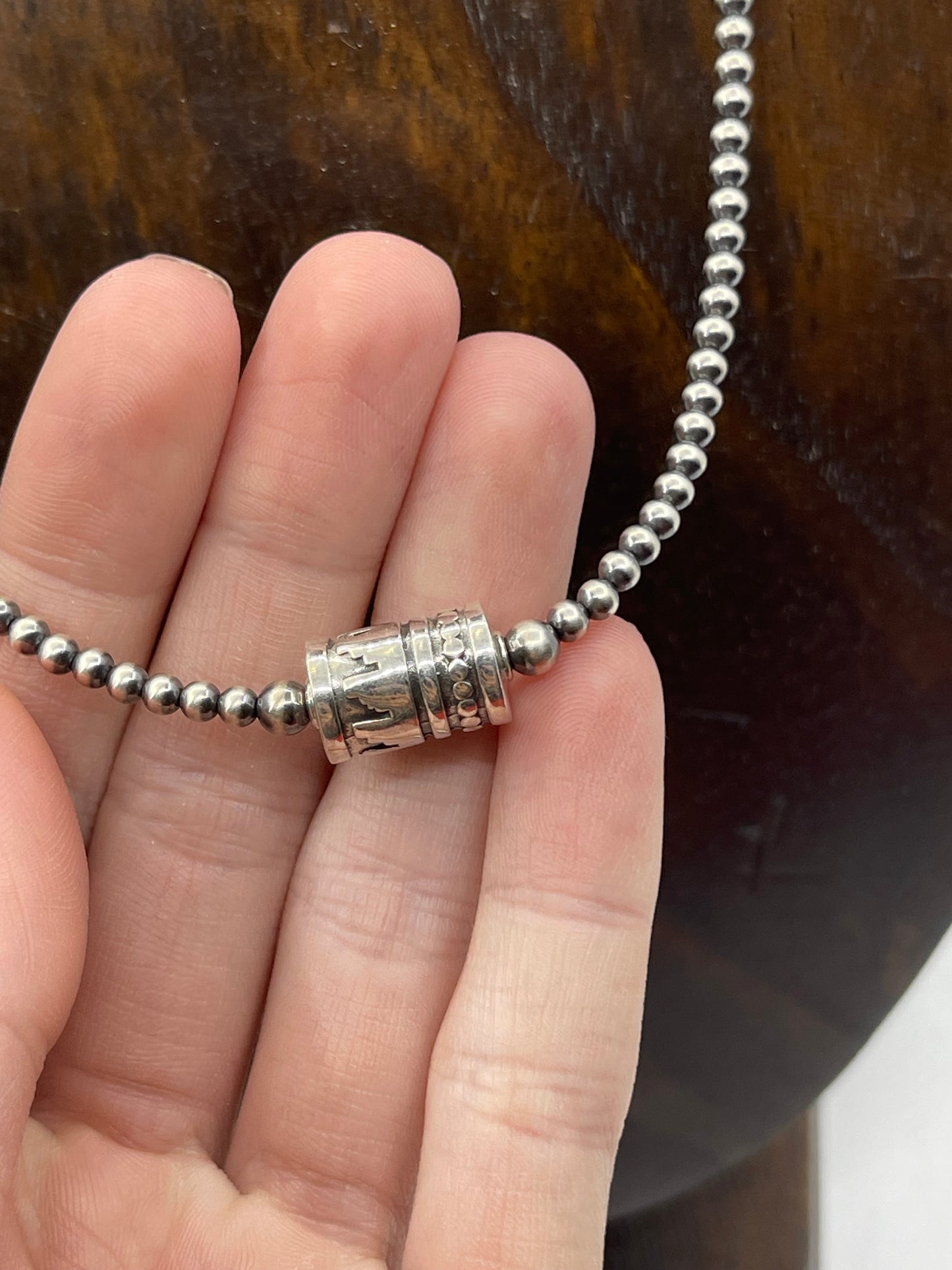 17 1/2" 3mm Navajo Pearls and 9mm Stamped Barrel Bead Necklace
