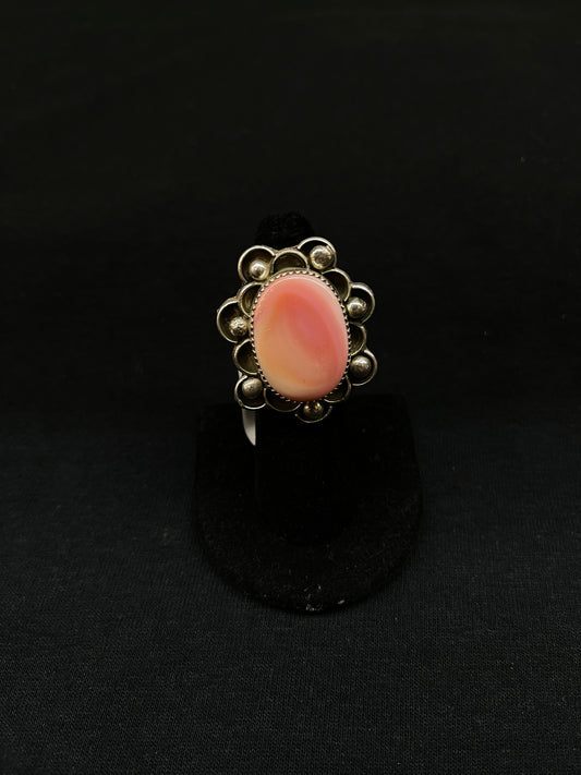 6.0 Slightly Adjustable Pink Conch Shell Oval Ring by Vernon Haskie, Navajo