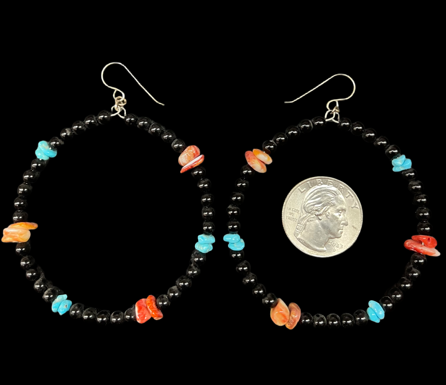 Spiny Oyster Shell, Natural Sleeping Beauty Turquoise, and Black Onyx Beads Hoop Earrings