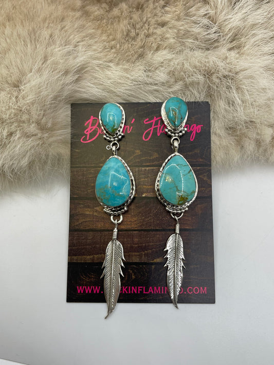 LOT 58 8/23 2 Stone Turquoise Dangle Earrings with Feather by Mike Smith, Navajo