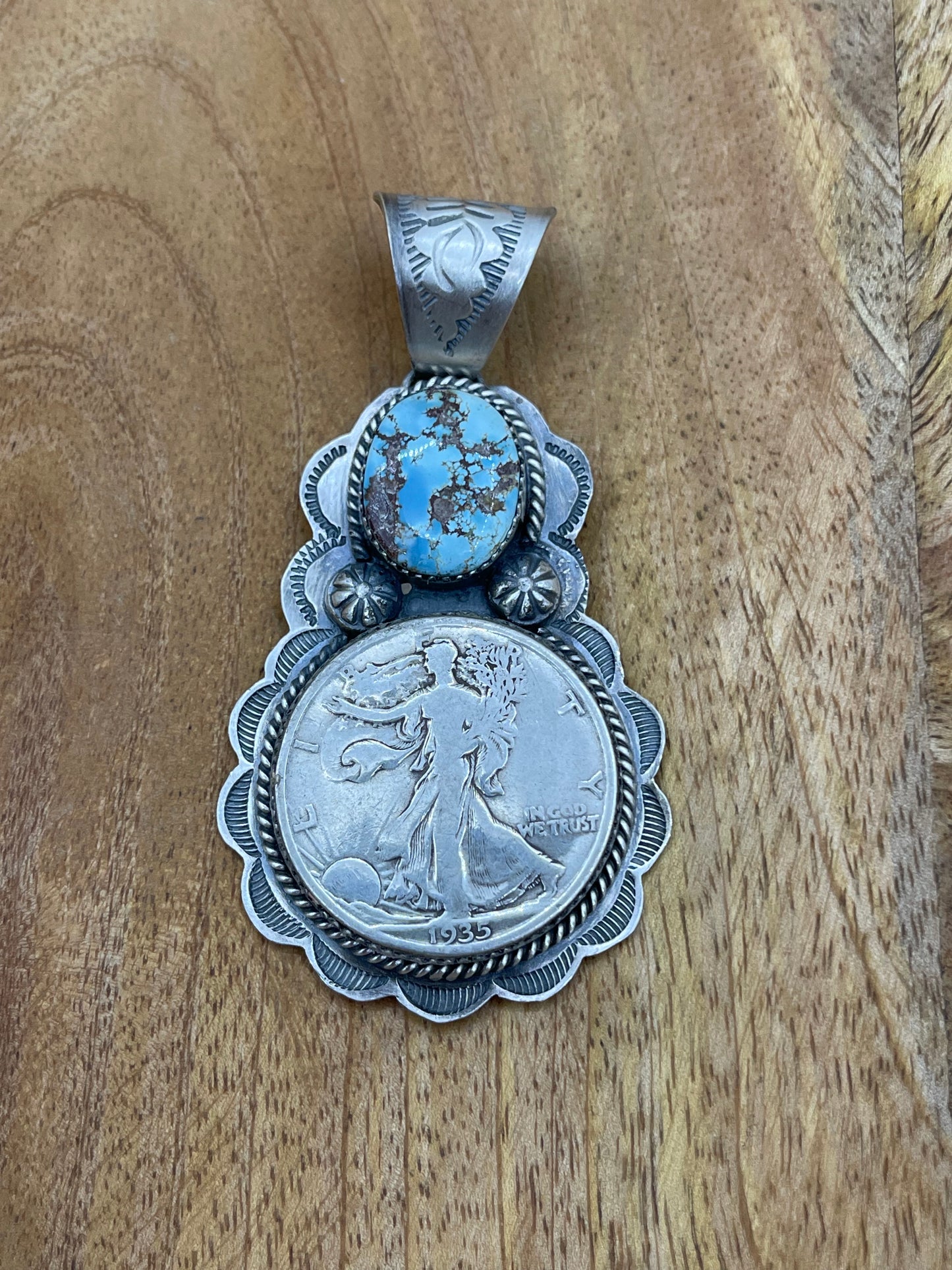 1935 Silver Walking Liberty Half Dollar with Golden Hills Turquoise Pendant