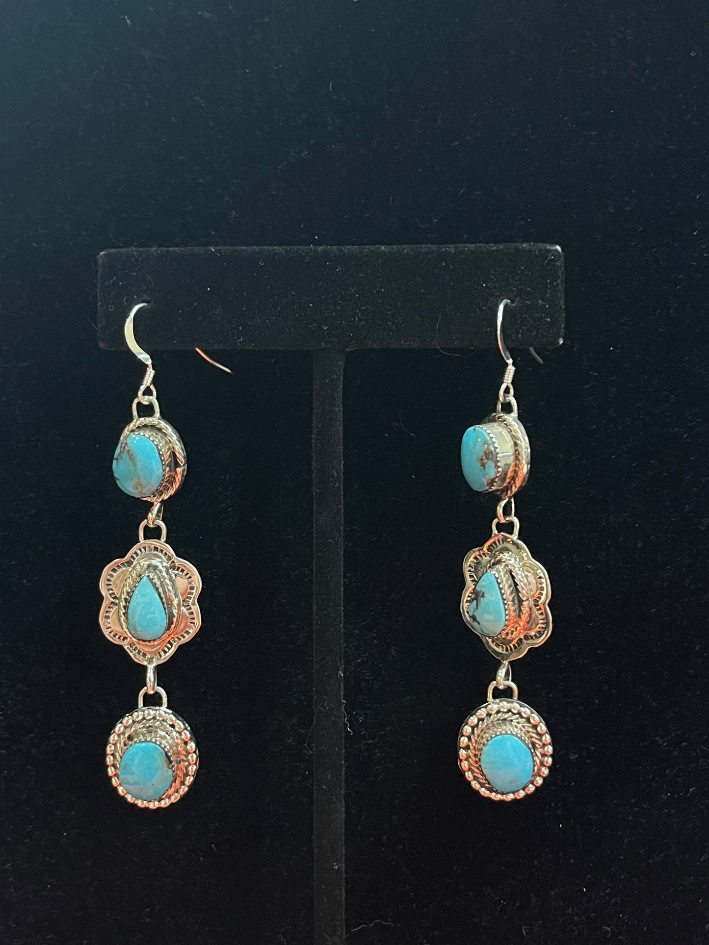 Three Stone Turquoise Dangle Earrings by Marie Jones, Navajo