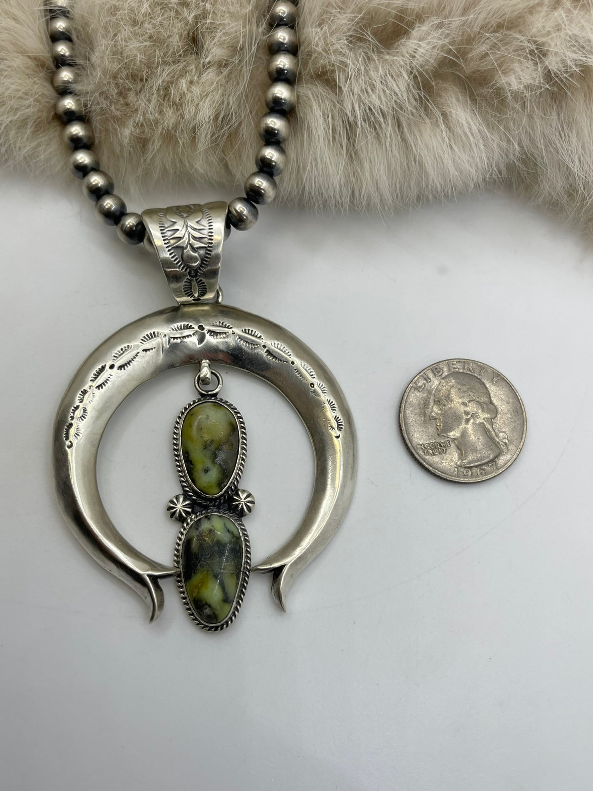 18" 6mm Navajo Style Pearls2 Stone Palomino Turquoise Naja Pendant by Derrick Gordon, Navajo