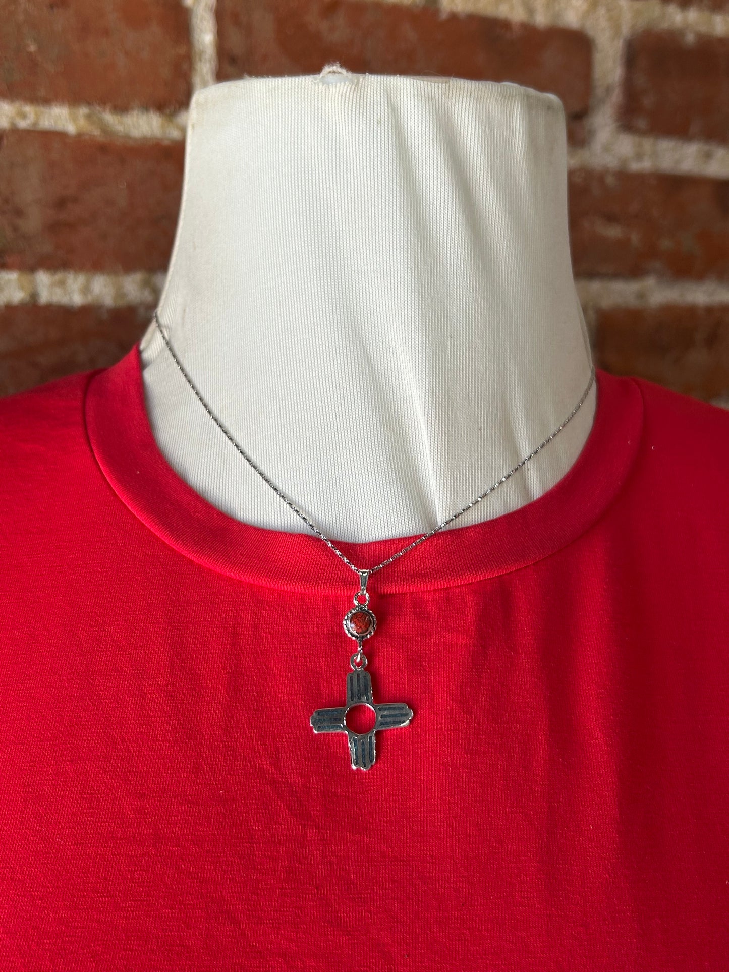 16" Chip Inlay Turquoise and Red Coral Stone and Zia Symbol Necklace