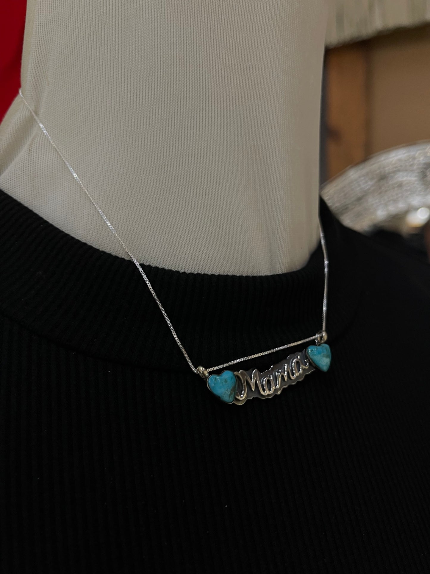 18" Turquoise Heart "MAMA" Necklace by Myra Benally, Navajo