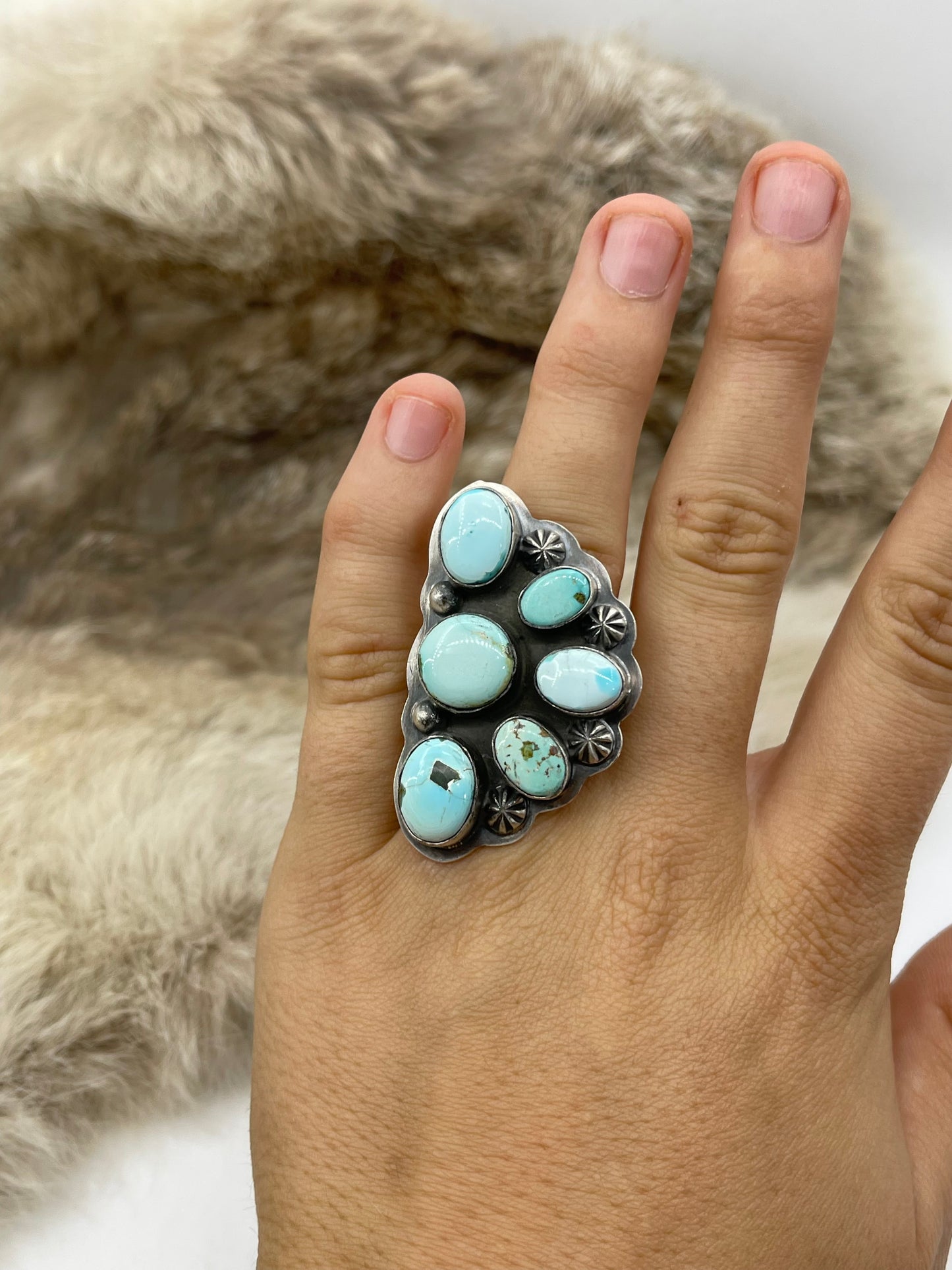 Adjustable Ring 7.0-11.0 Dry Creek Turquoise Half Cluster by Gabby Jurado, Mexican