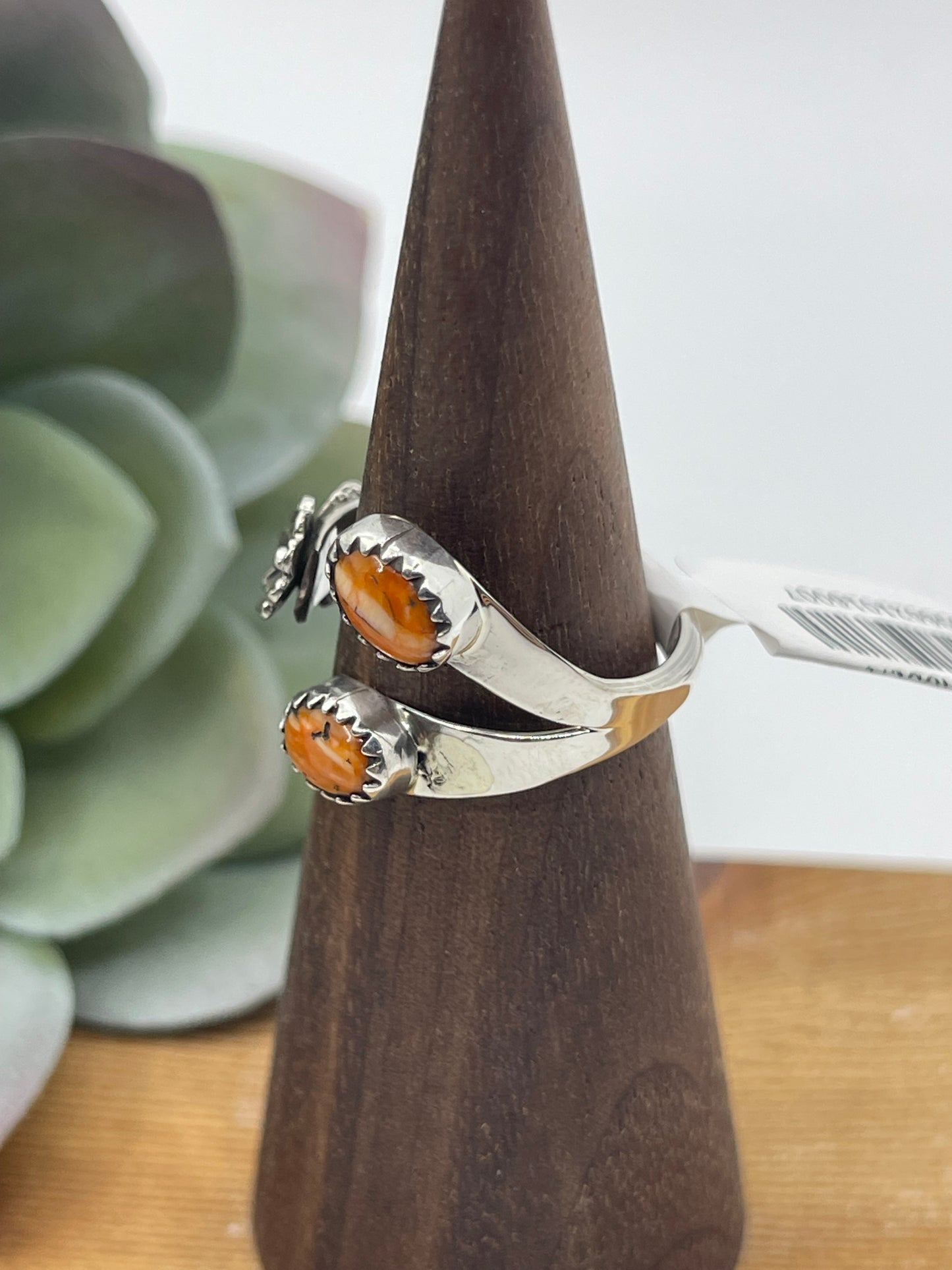 Adjustable 2 Stone Orange Spiny Oyster Shell Ring by Robert Martinez, Navajo