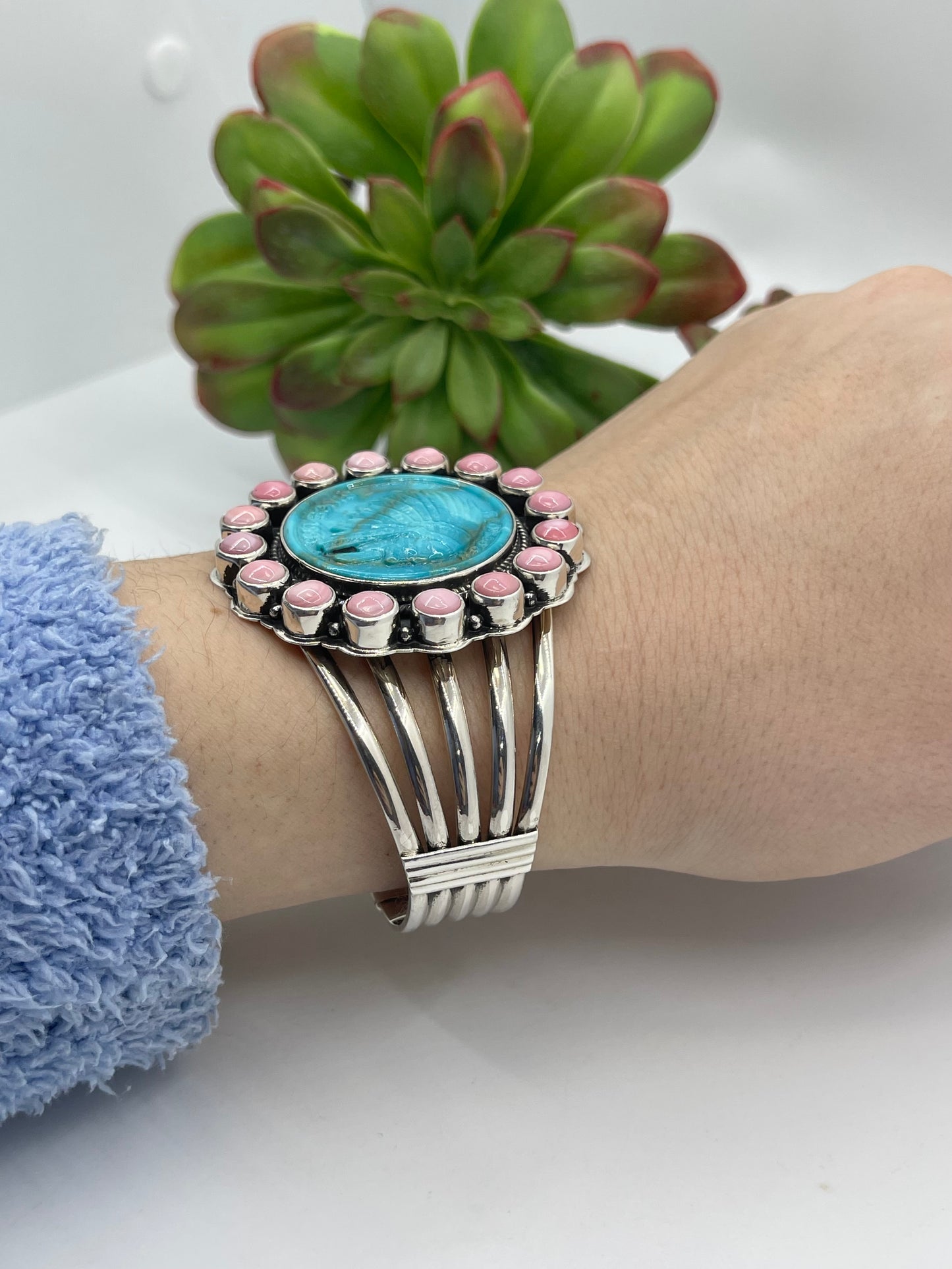 6.5"-8" Block Turquoise With Chief & Pink Conch Shell Cuff