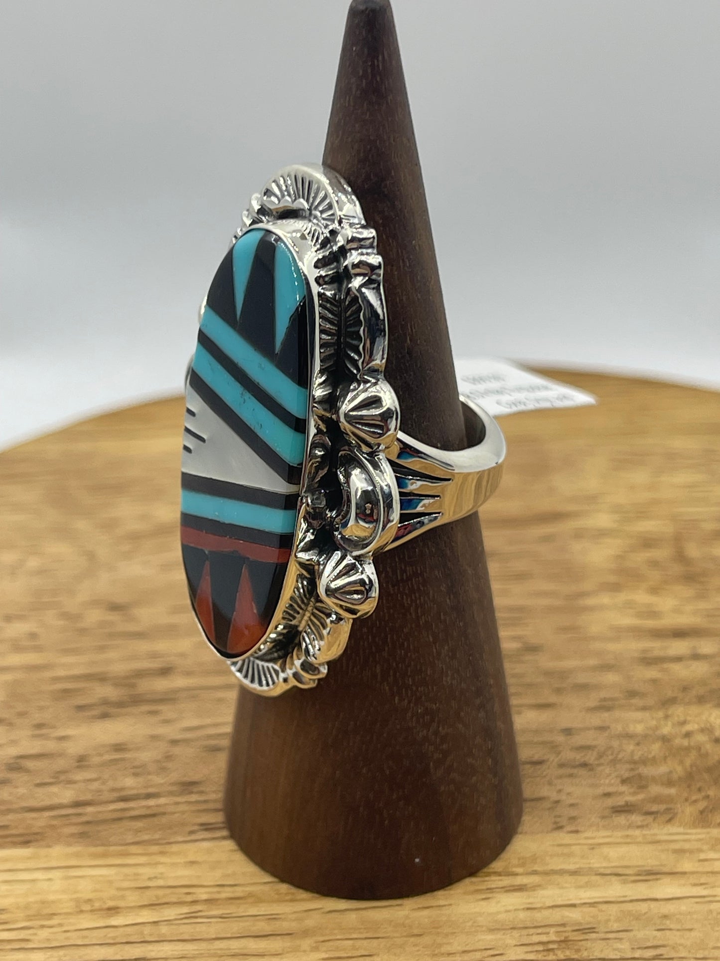 8.0 Inlay Turquoise, Coral, Onyx, and Pearl Ring by Leslie and Gladys Lamy, Zuni