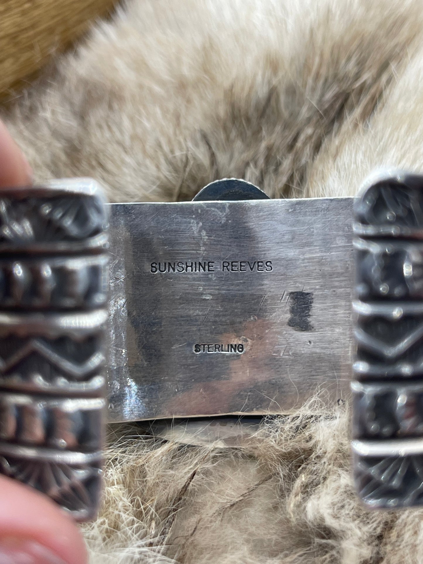 Triangle Stone Kingman Turquoise Stamped Cuff by Sunshine Reeves, Navajo