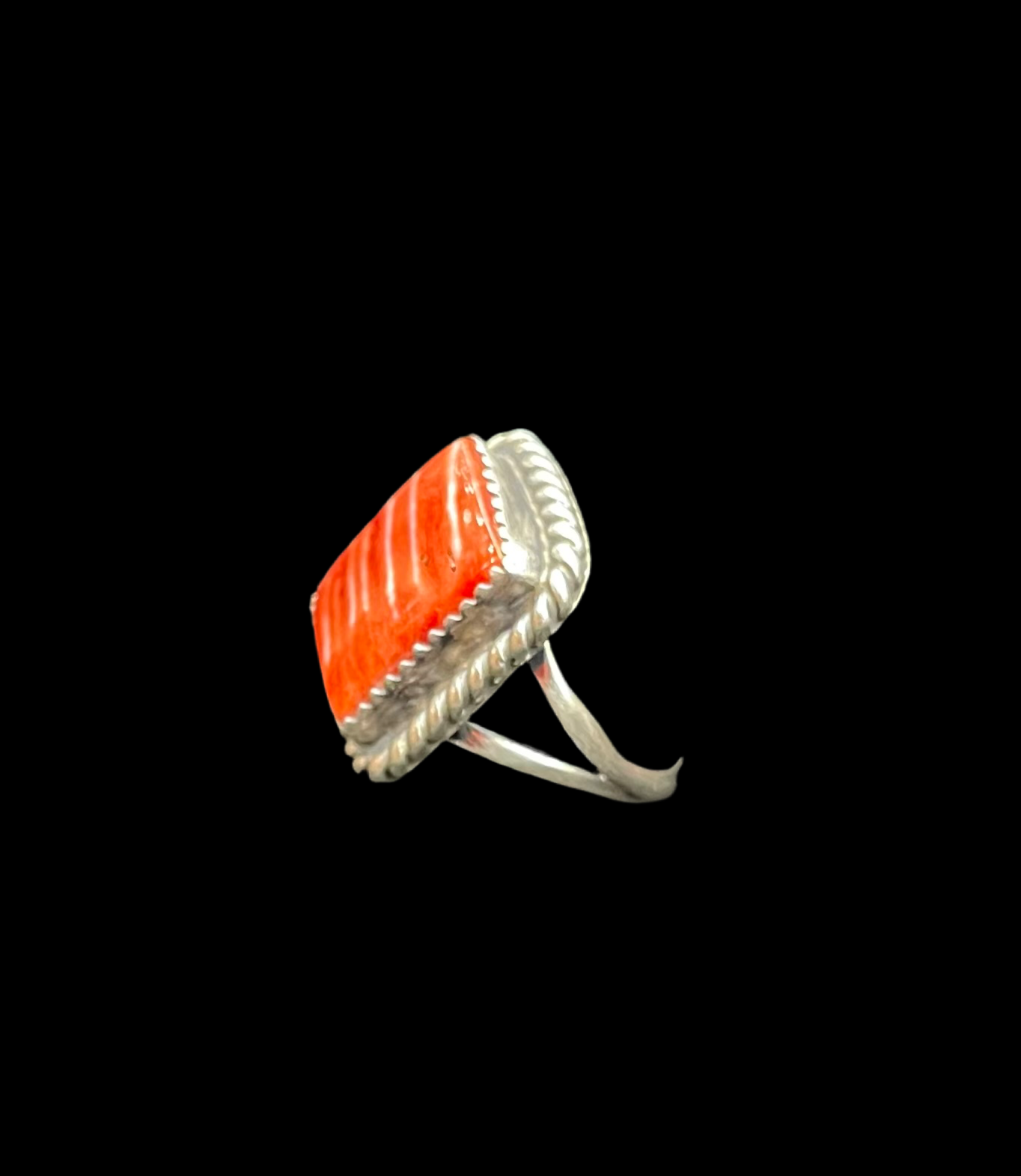 6.0 Red Spiny Oyster Shell Square Ring by Thomas Francisco, Navajo