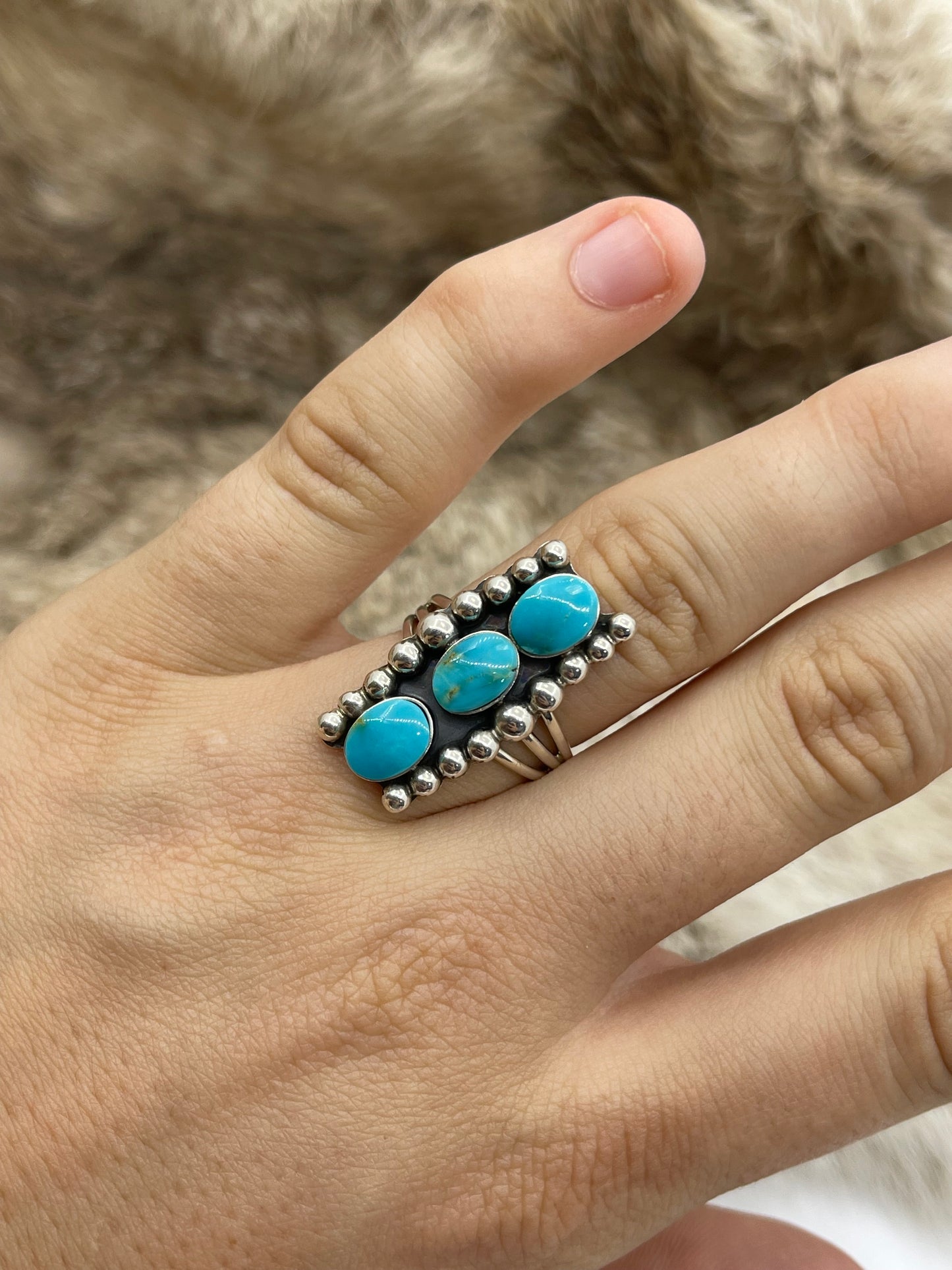 5.0 3 Stone Turquoise Ring by Sadie Jim, Navajo