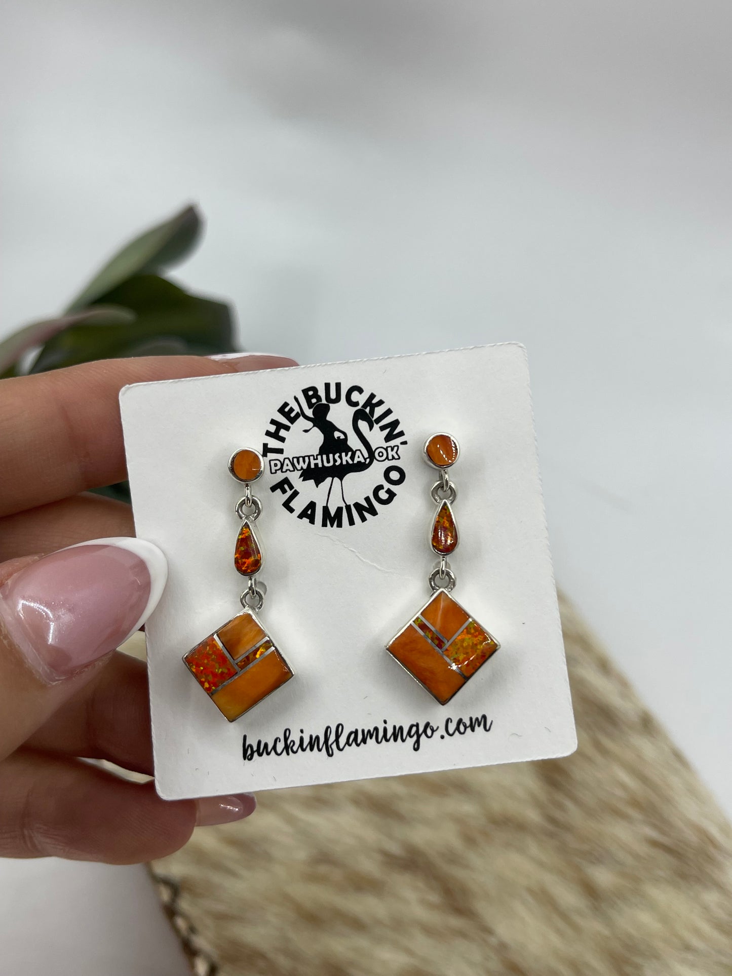 Orange Spiny Oyster & Opal Post Earrings by James Manygoats, Navajo