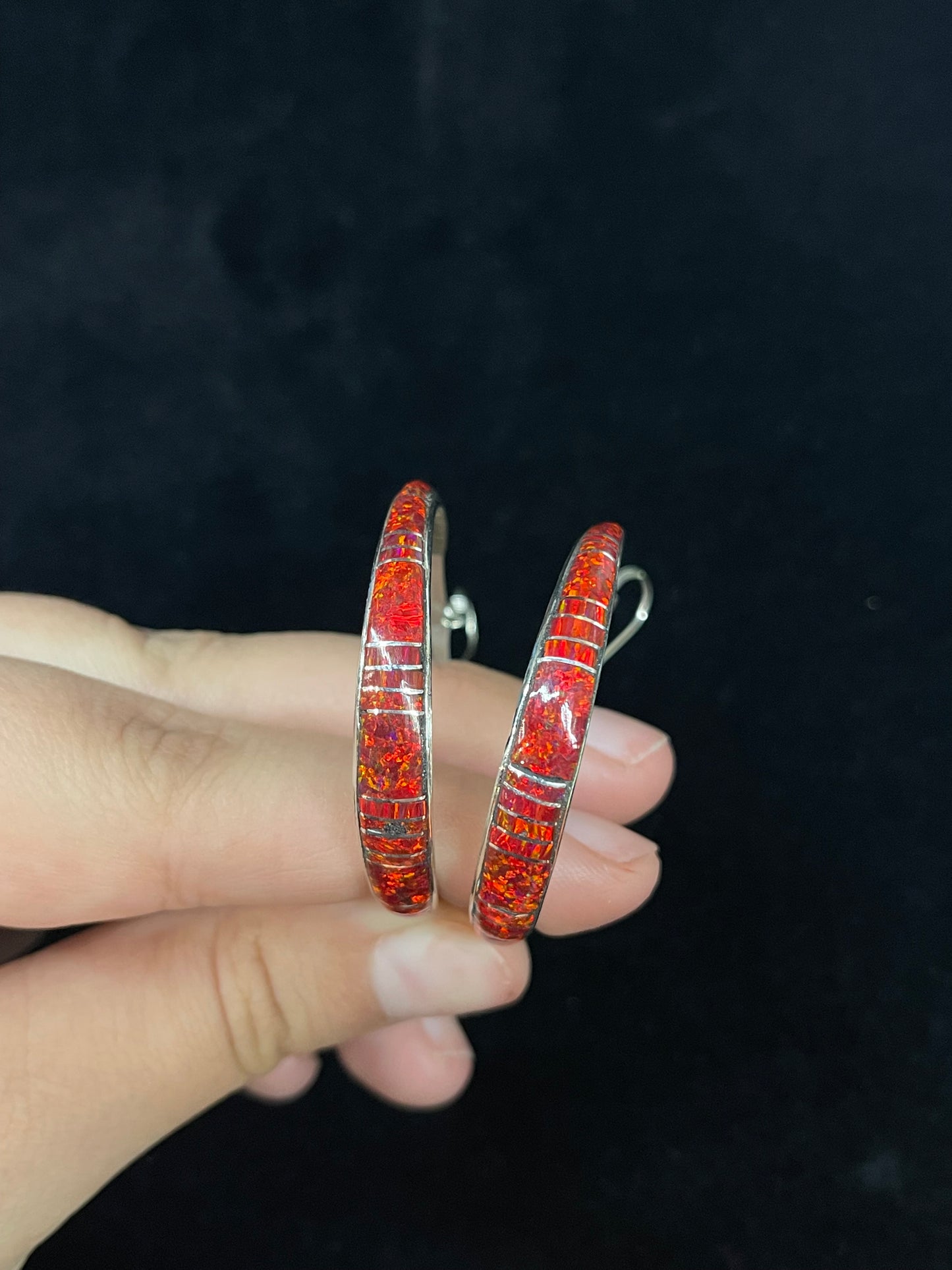 Red Opal Inlay Hoop Earrings by Kerrie Peina, Zuni