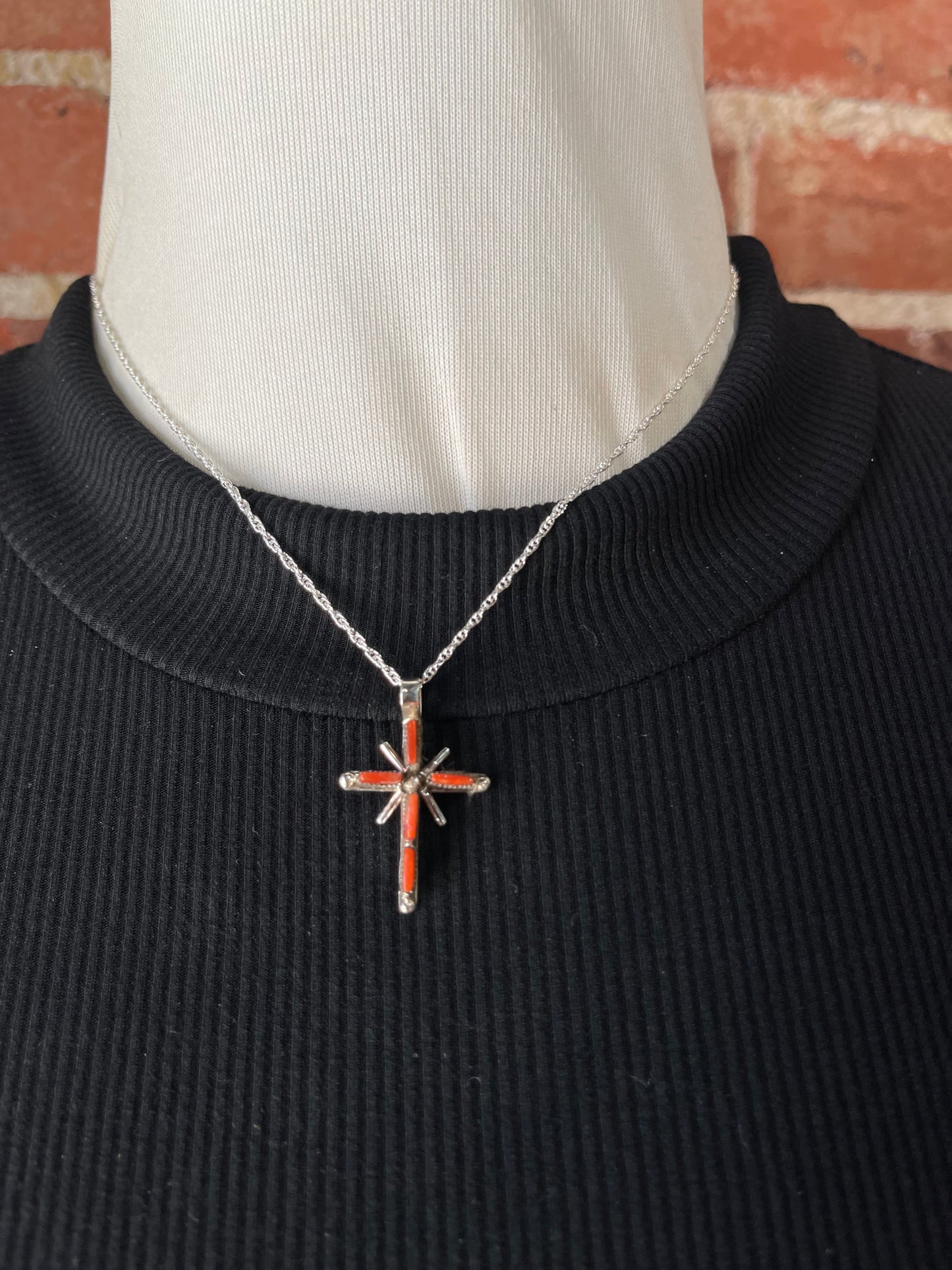 16" Red Coral Inlay Cross Necklace by Jill Peywa, Zuni