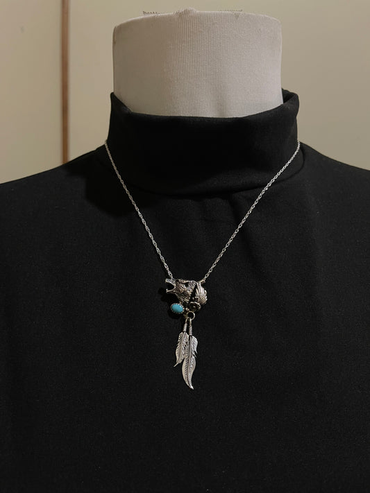 17" Turquoise Double Feather Wolf Necklace by Genevieve Francisco, Navajo