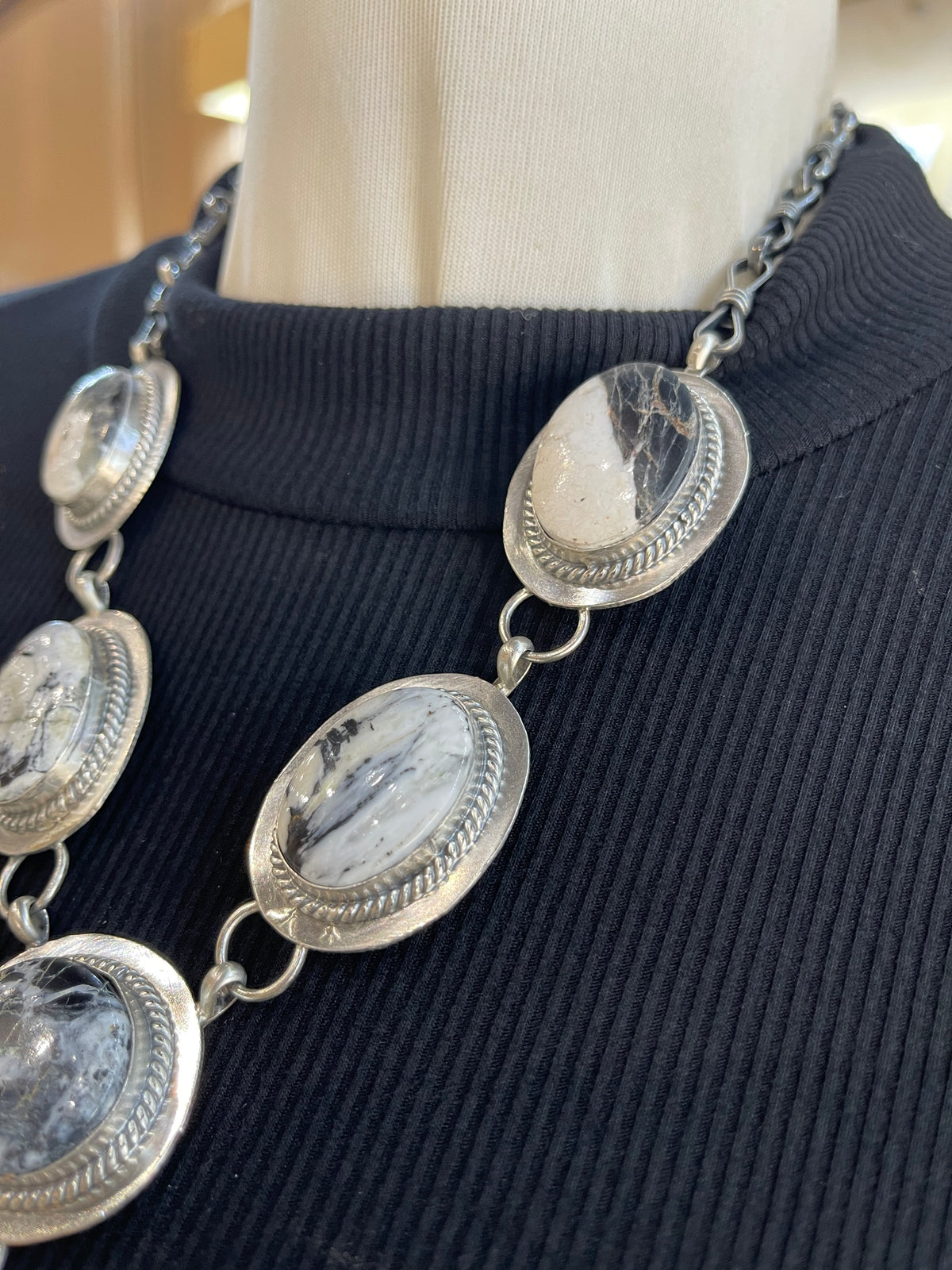 20" + 3" Drop 6 Stone White Buffalo Lariat Necklace by Lyle Piaso, Navajo