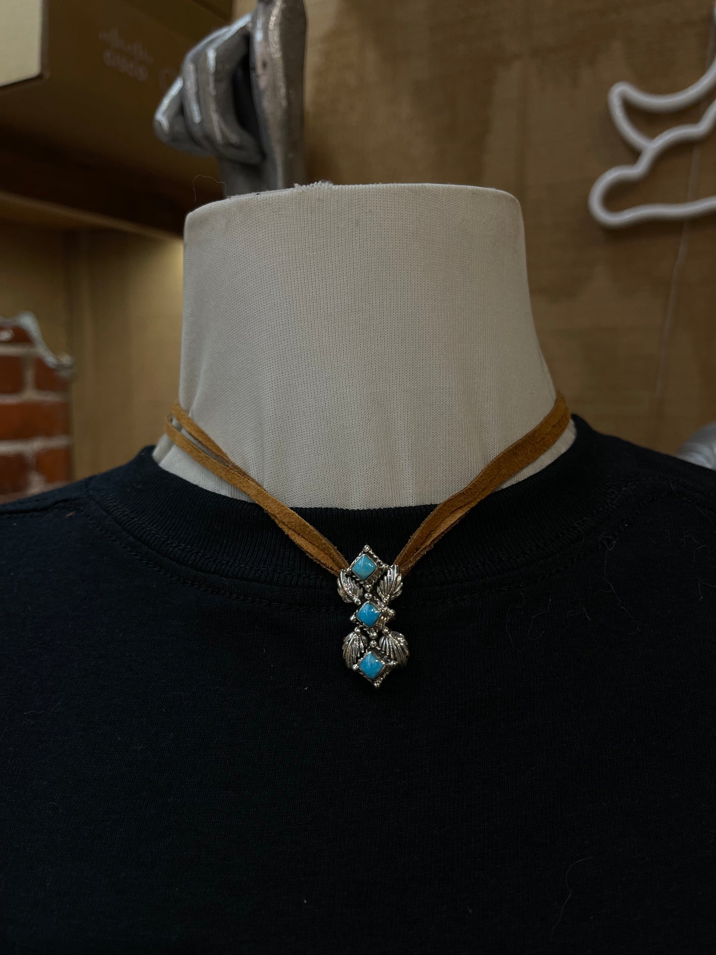 12"+3" Leather and Turquoise Necklace by Running Bear, Navajo