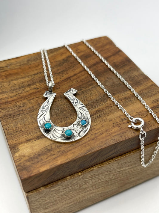 18” Engraved Horse Shoe Necklace with Turquoise by Sonyei Coho, Navajo