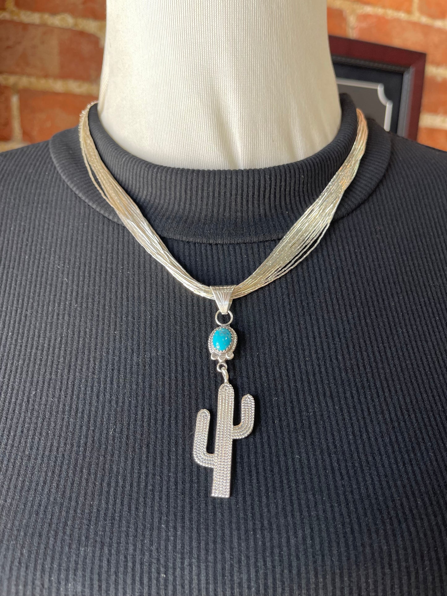 18" 30 Strand Liquid Silver Necklace with a Turquoise Cactus Pendant