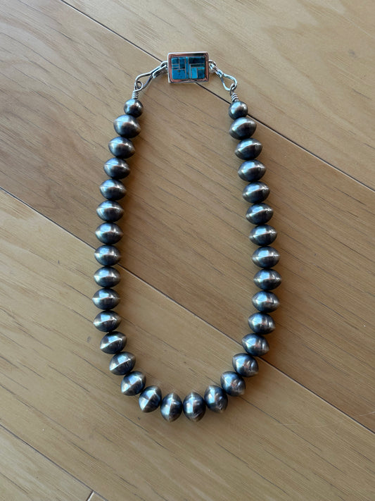 18" 17mm Navajo Pearl Necklace with a Inlayed Turquoise Clasp by Tustin Daye and Marie Jackson, Navajo