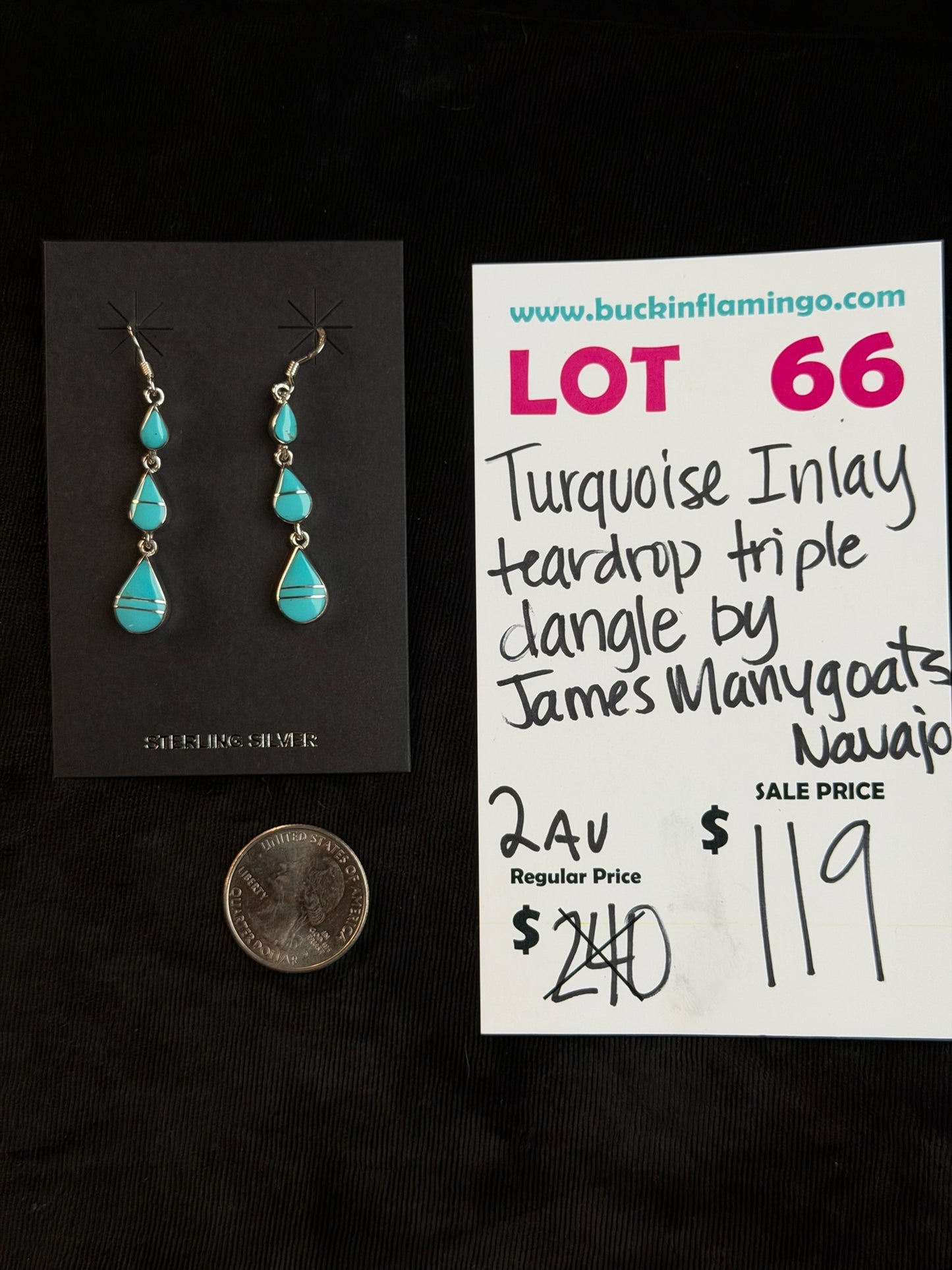 LOT 66 8/9 Turquoise Inlay Teardrop Triple Dangle by James Manygoats, Navajo