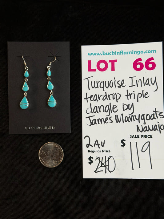 LOT 66 8/9 Turquoise Inlay Teardrop Triple Dangle by James Manygoats, Navajo