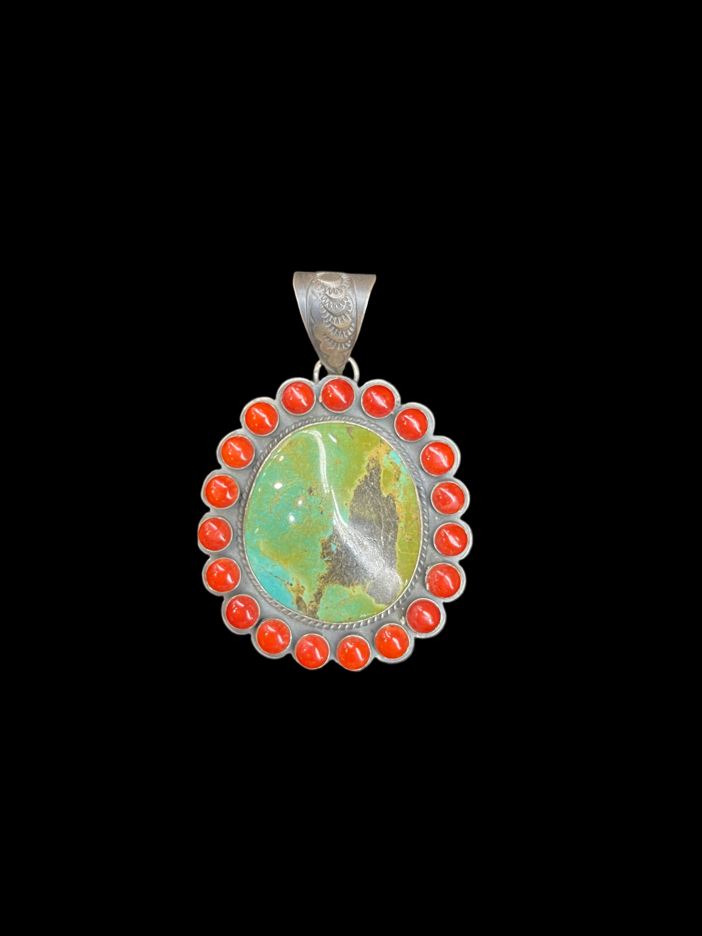 Royston Turquoise and Red Coral Pendant by Gilbert Platero, Navajo