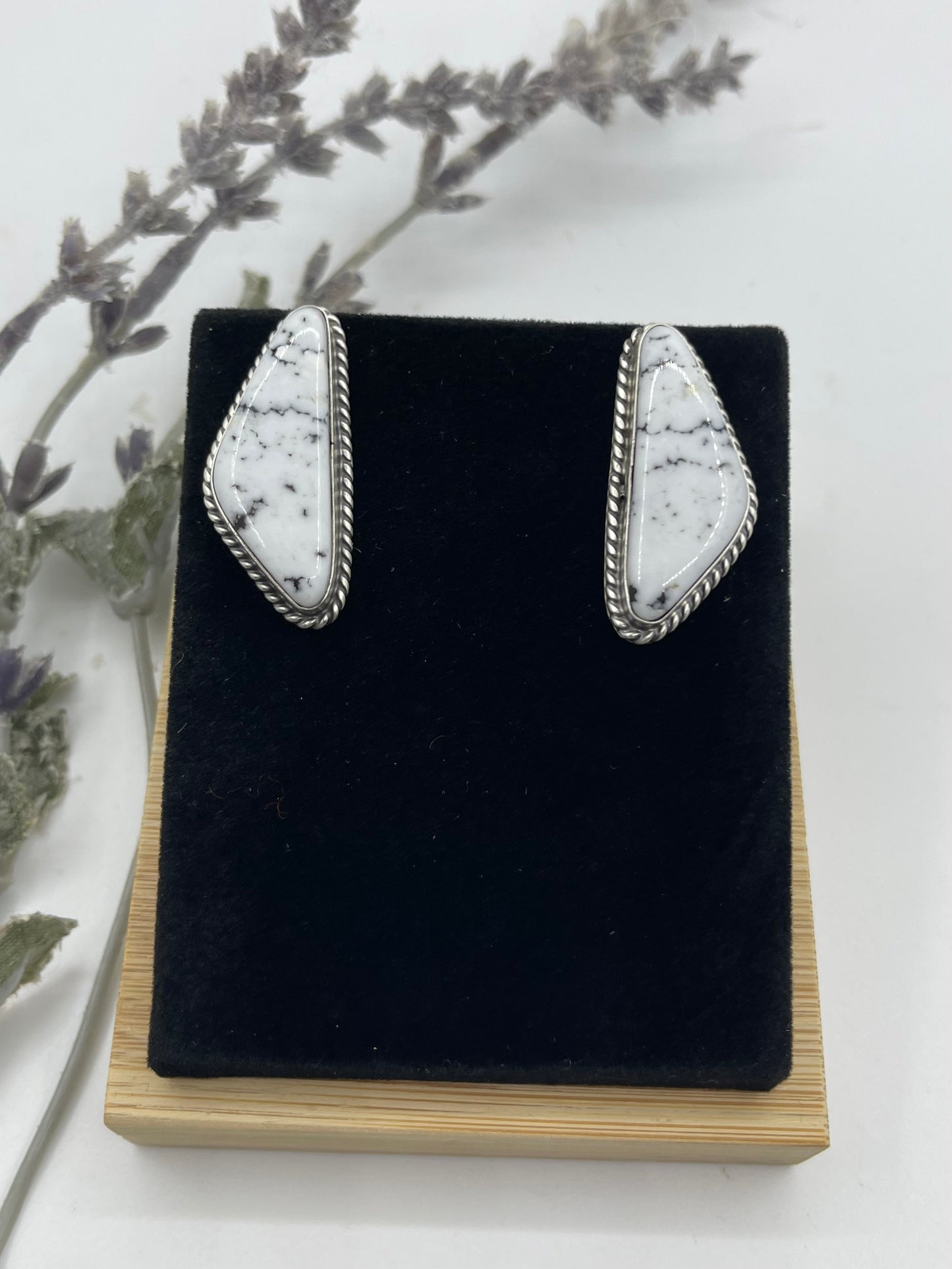 White Buffalo Triangle Post Dangle Earrings by Elouise Kee, Navajo