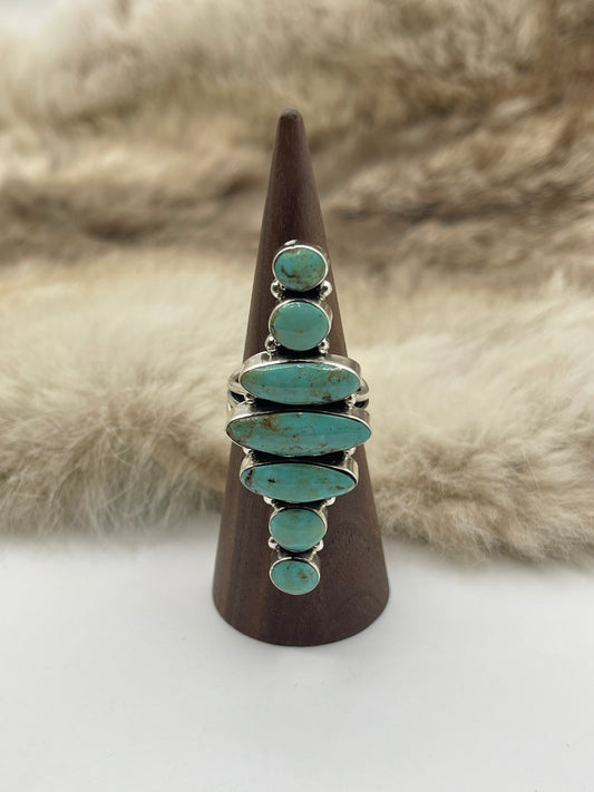 9.0 7 Stone Turquoise Ring by Loretta Delgarito, Navajo