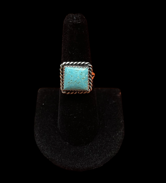 7.0 Kingman Turquoise Square Ring by Freda Martinez, Navajo