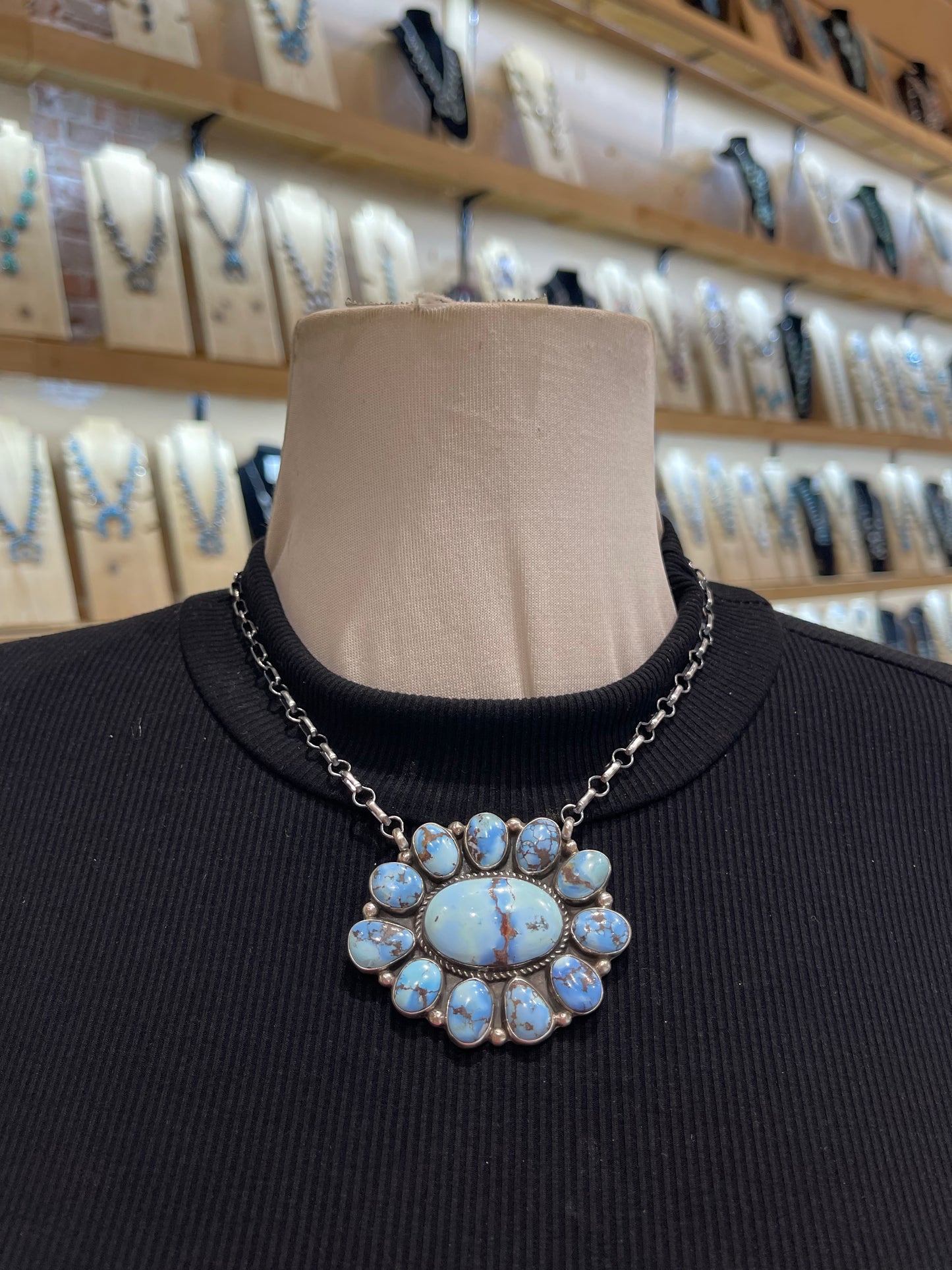 17" Golden Hills Turquoise Cluster Necklace by Geraldine James, Navajo