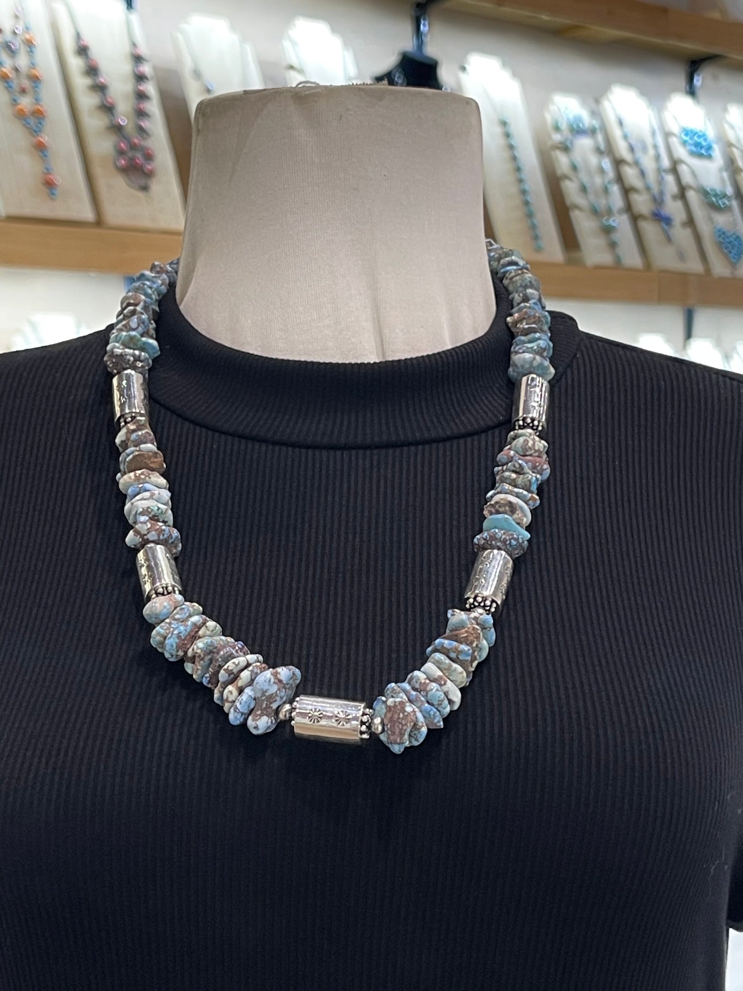 26" Natural Golden Hills Chunky Slab Turquoise Necklace with Stamped Barrel Beads