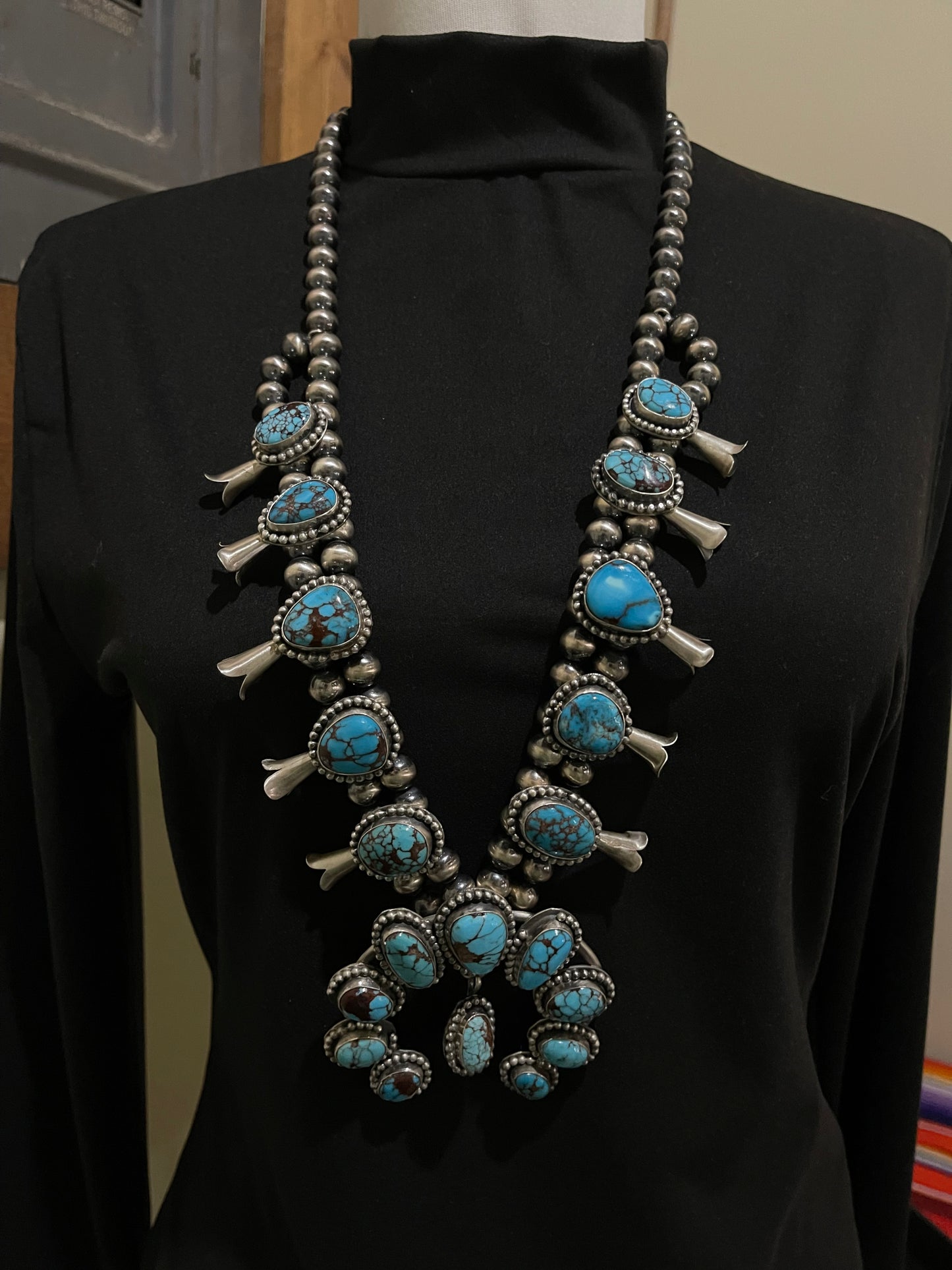 30" Egyptian Turquoise Squash Blossom by Gilbert Nez, Navajo