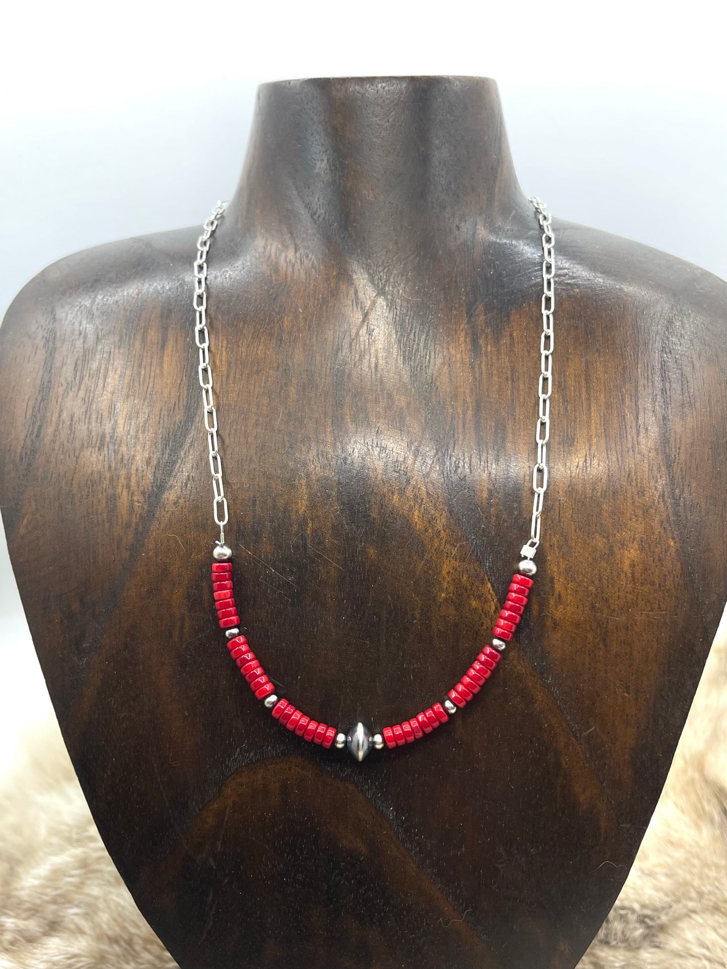 17" Red Coral Beads with Navajo Style Pearls Necklace