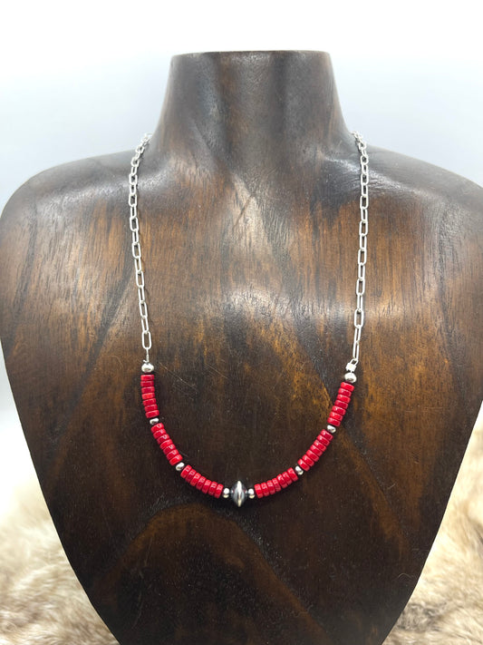 17" Red Coral Beads with Navajo Style Pearls Necklace